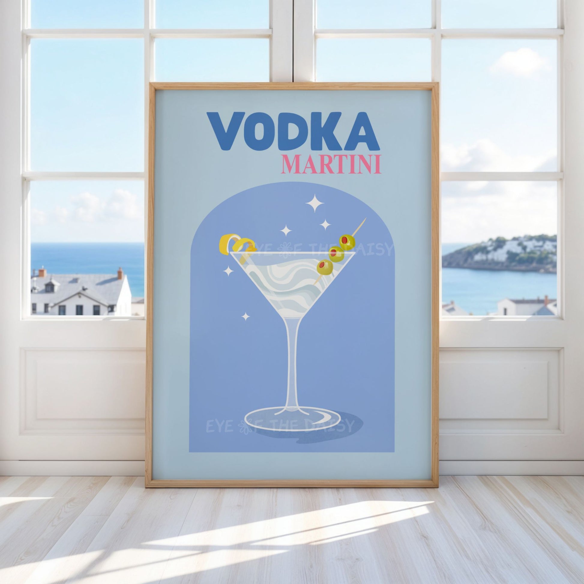 Vodka Martini printable wall art — retro cocktail download in cool blue, great for summer rental decor or trendy living rooms