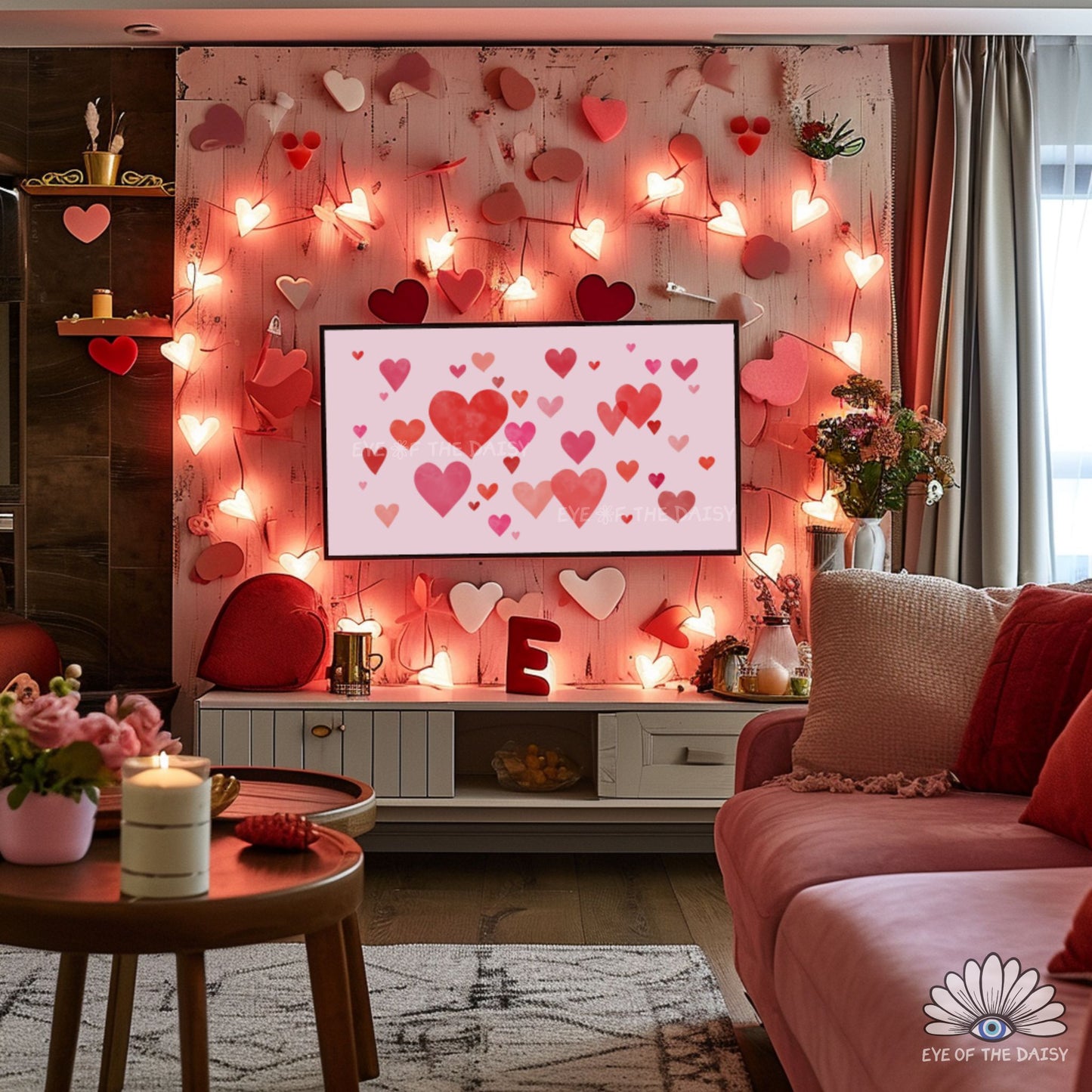 Cute hearts 4K TV art Valentine’s design, watercolour hearts in red and pink, pretty romantic screensaver artwork