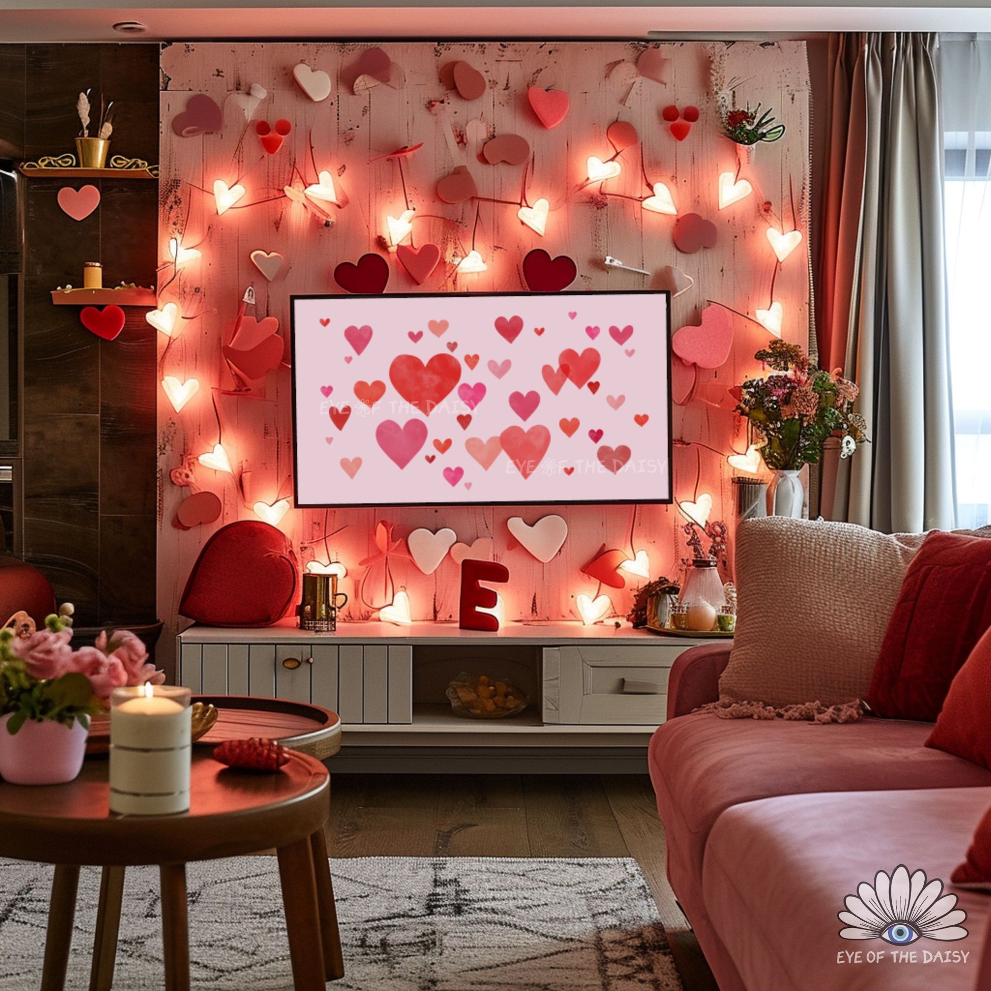 Cute hearts 4K TV art Valentine’s design, watercolour hearts in red and pink, pretty romantic screensaver artwork