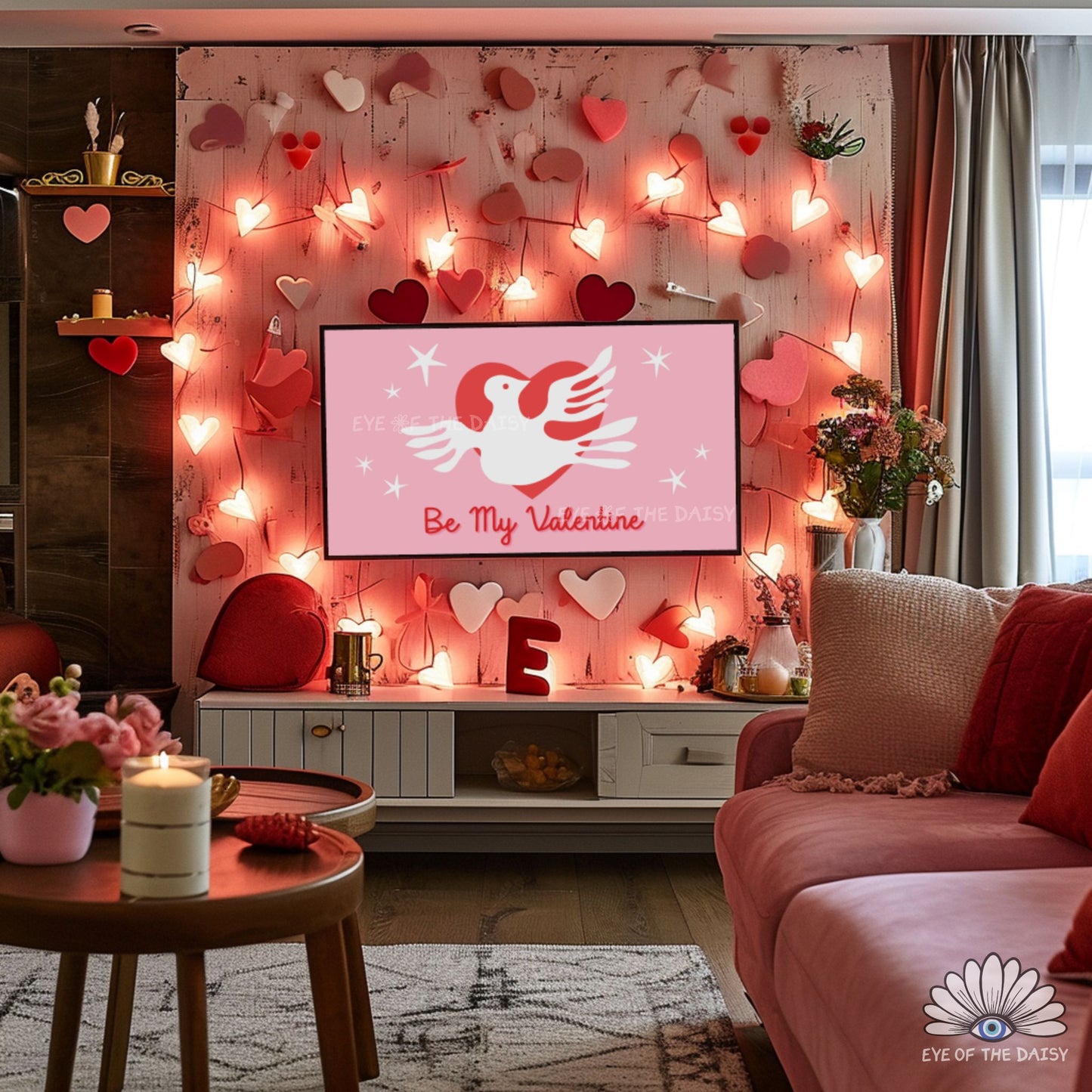Modern retro Valentine 4K TV screensaver art, bold pink romantic digital wall decor