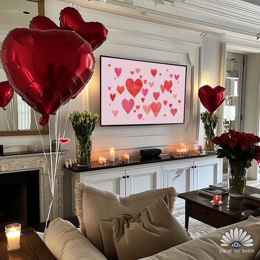 Romantic TV screen artwork for anniversary, 4K resolution artwork with soft red and pink watercolour hearts