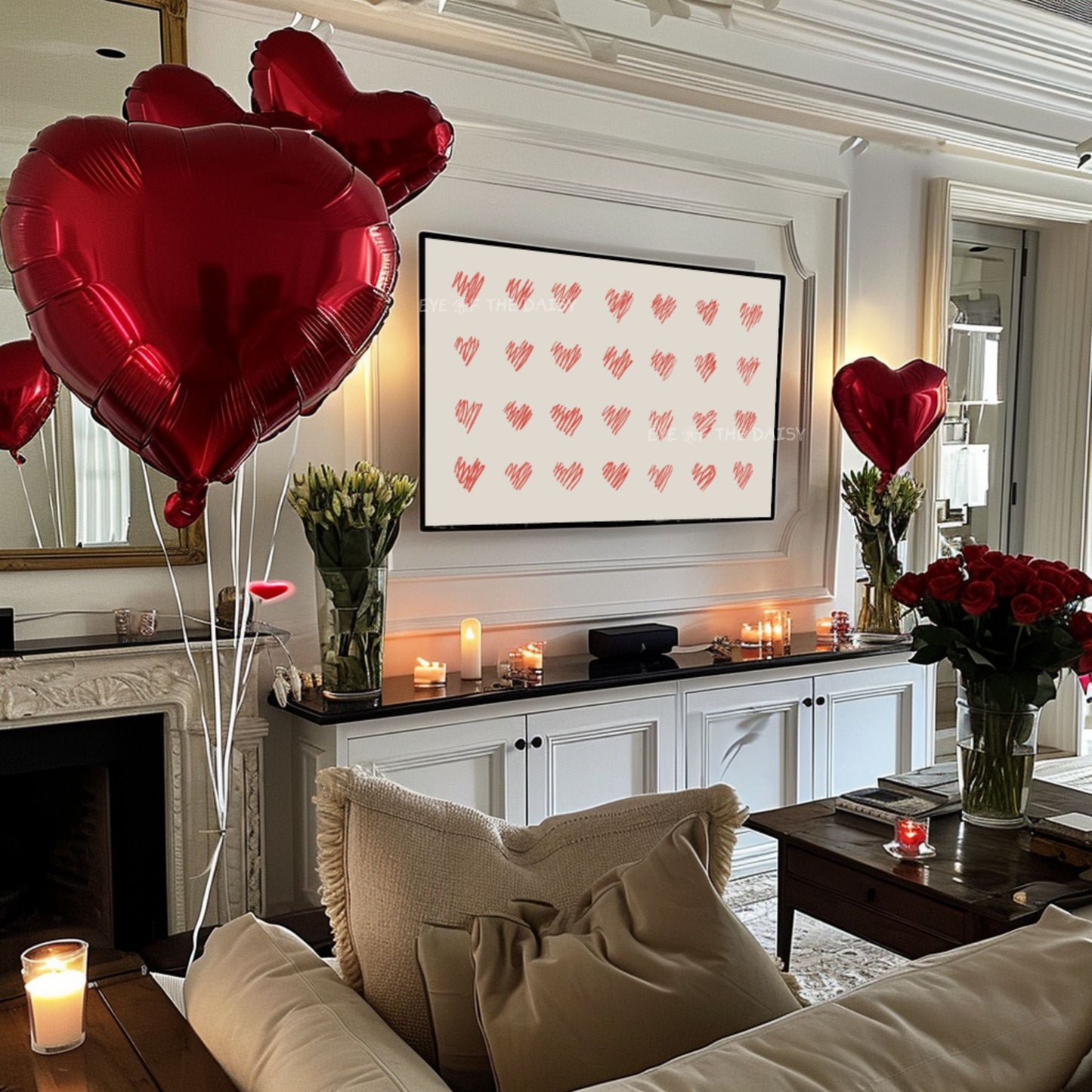 Red Beige Minimal Hearts Sketch 4K TV Art | Cute Valentine's Day TV Screen Art 4K