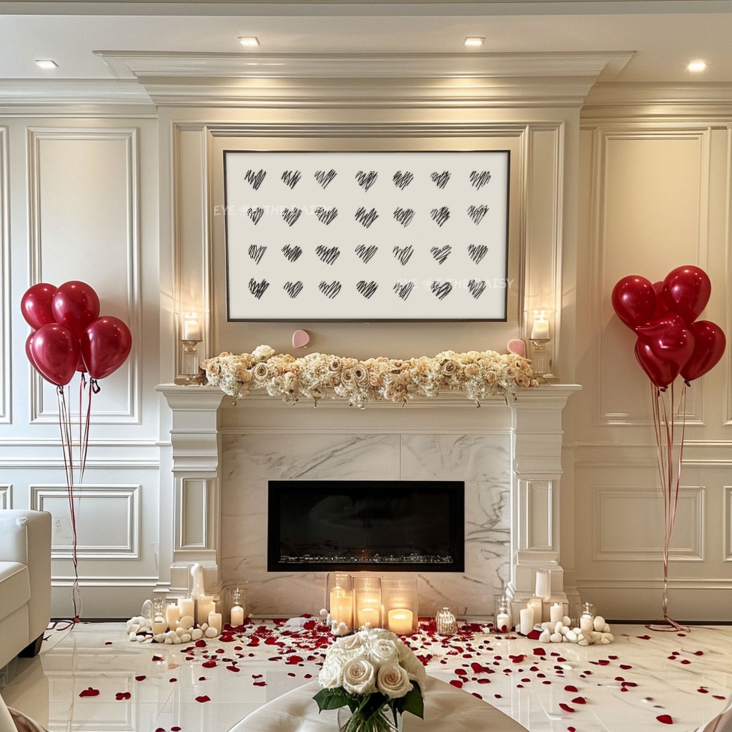 Black Beige Minimal Hearts Sketch 4K TV Art | Modern Valentine's Day TV Art 4K