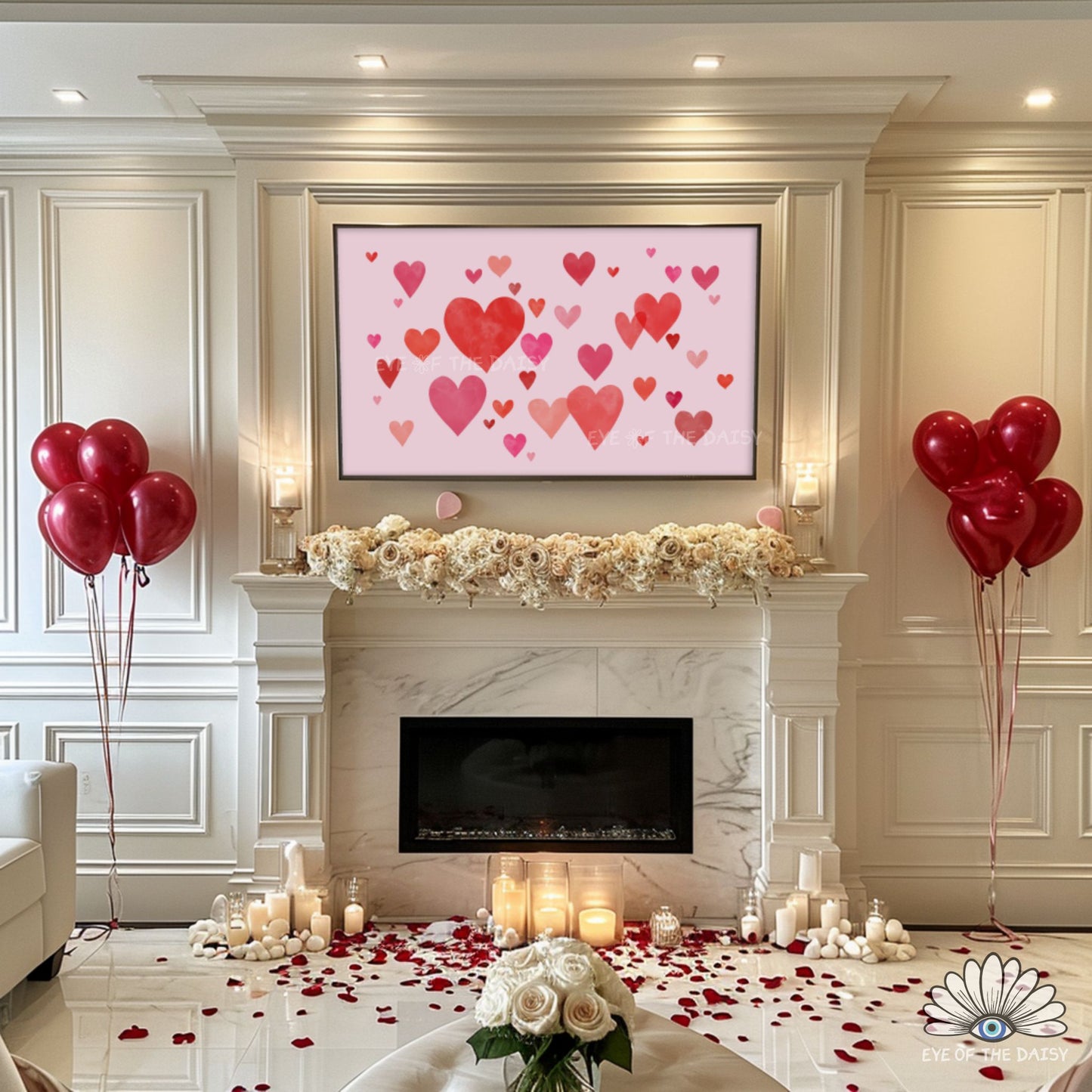 Romantic 4K TV art digital download, red and pink watercolour hearts on pale pink, modern cozy decor