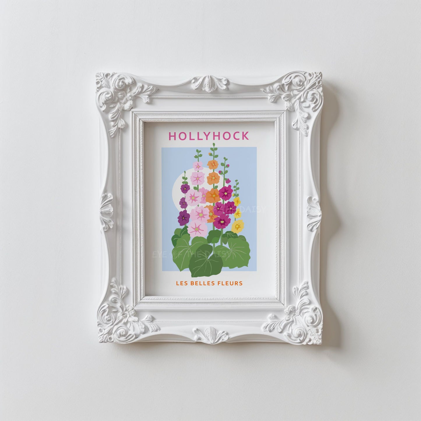 Bright floral printable poster featuring colourful abstract Hollyhock flowers on sky blue – contemporary floral wall art