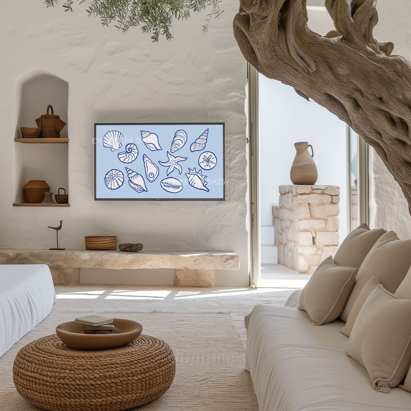 Pale Blue White Shells Sketch 4K TV Art | Modern Coastal Sea Shells TV Artwork 4K