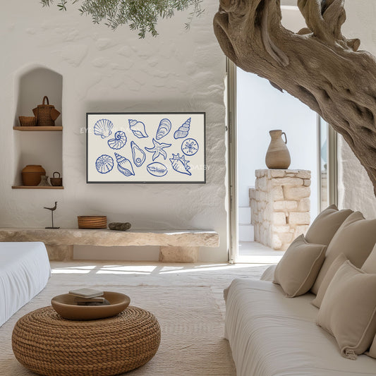 Navy Blue Beige Minimal Shells Sketch 4K TV Art | Modern Hamptons Coastal TV Artwork