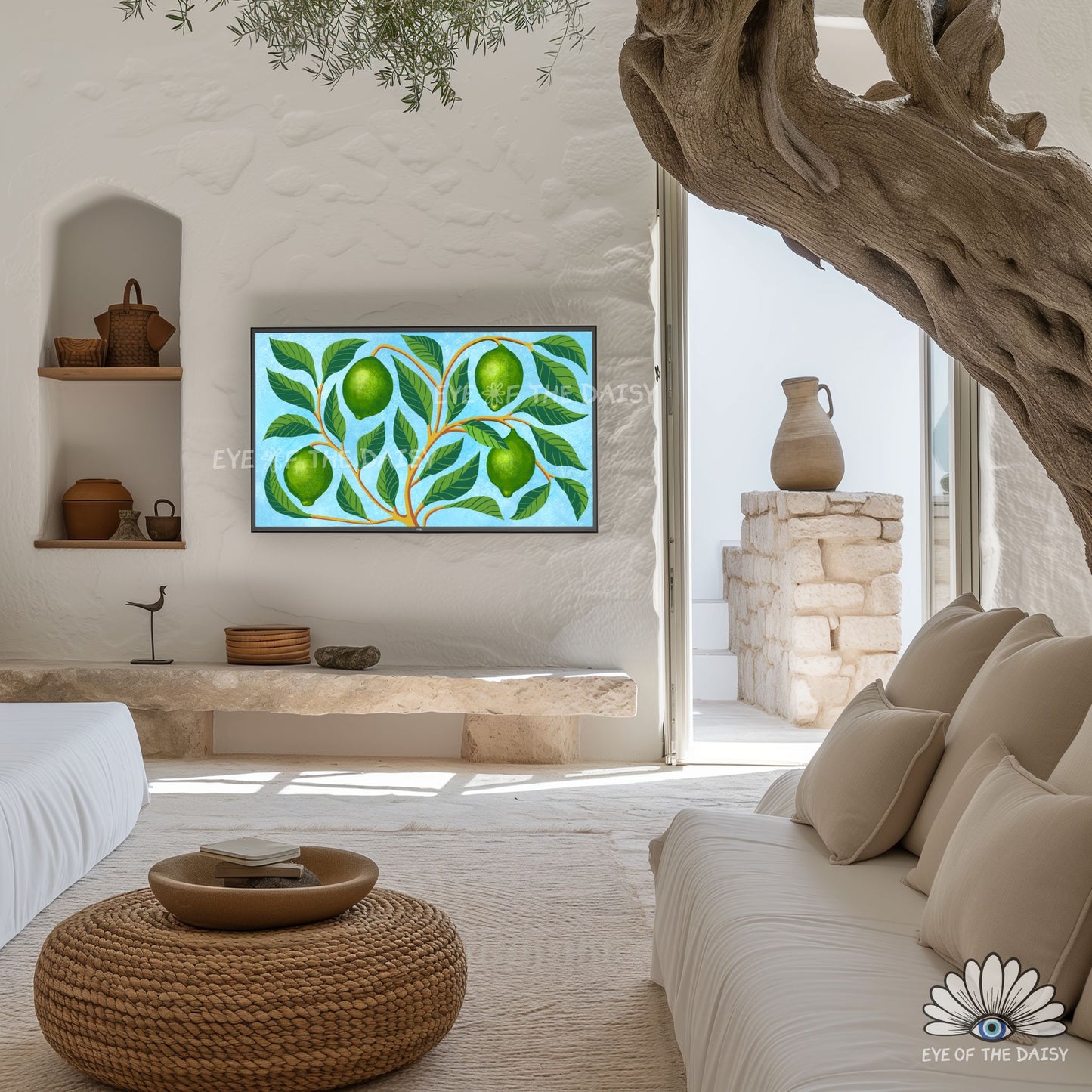 Botanical 4K art for TV screen, abstract lime tree wall art in a modern boho living room
