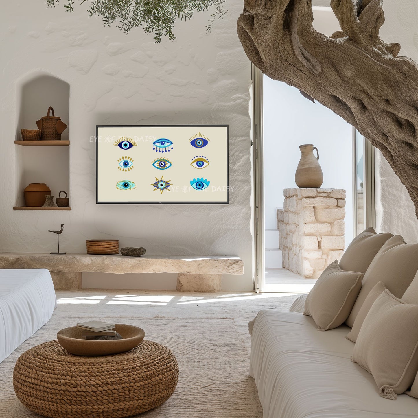 Blue Turquoise Gold Abstract Evil Eye 4K TV Art | Mediterranean Boho 4K TV Art