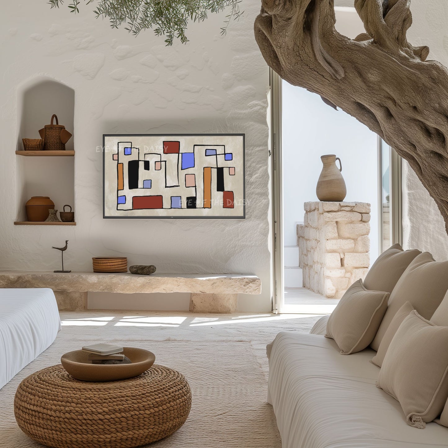 Mid Century Modern Abstract Line Art for TV 4K | Terracotta Beige Blue Boho 4K TV Art