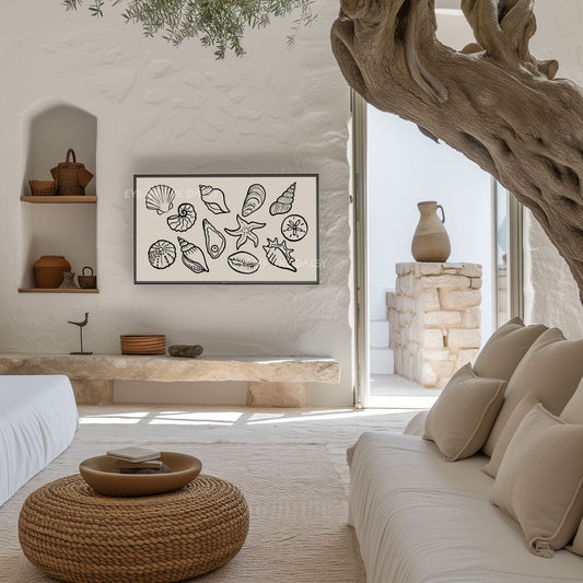 Neutral Black Beige Shells Sketch 4K TV Art | Boho Modern Coastal TV Artwork 4K