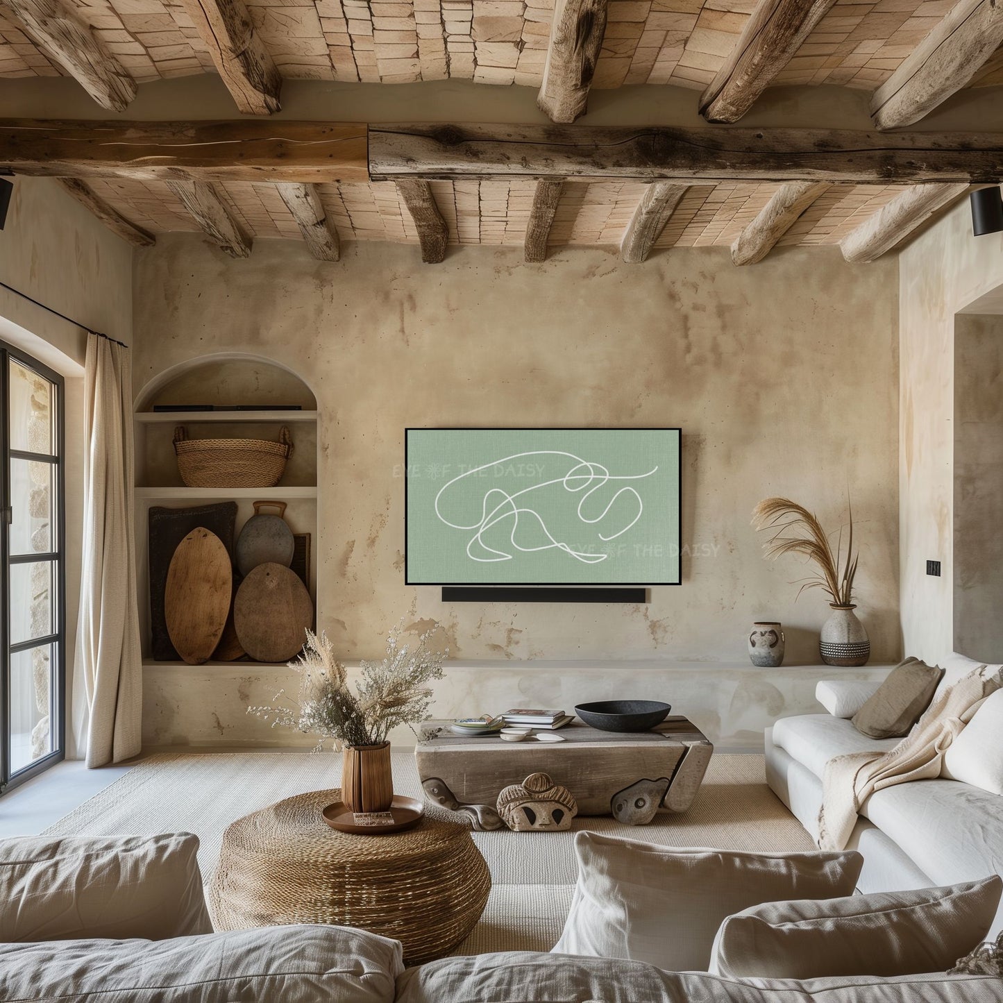 Sage Green White Minimal Scribble 4K TV Art | Boho Abstract Line Art for TV Screen