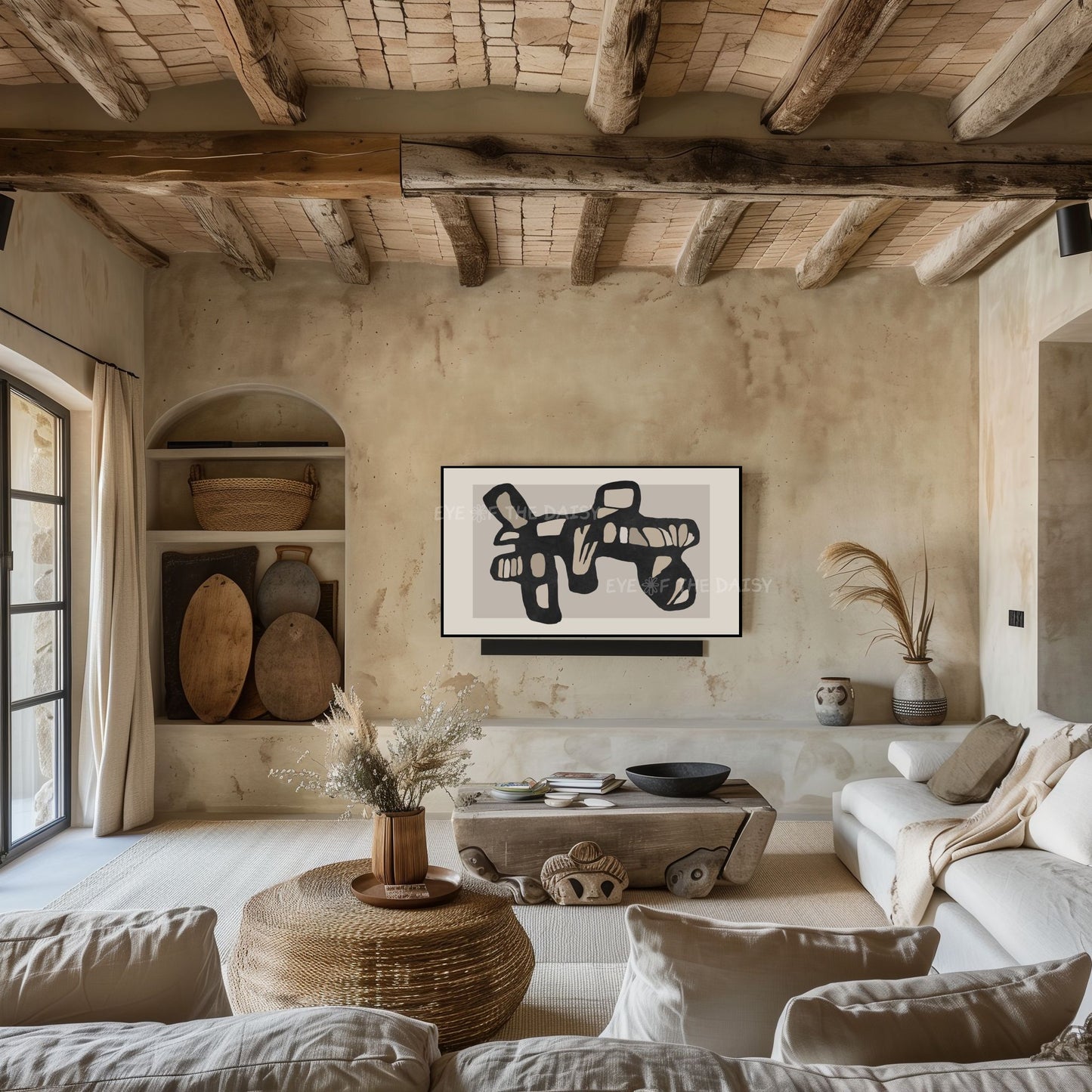 Black Beige Contemporary Abstract 4K TV Art | Neutral Organic Shape Art for TV Screen