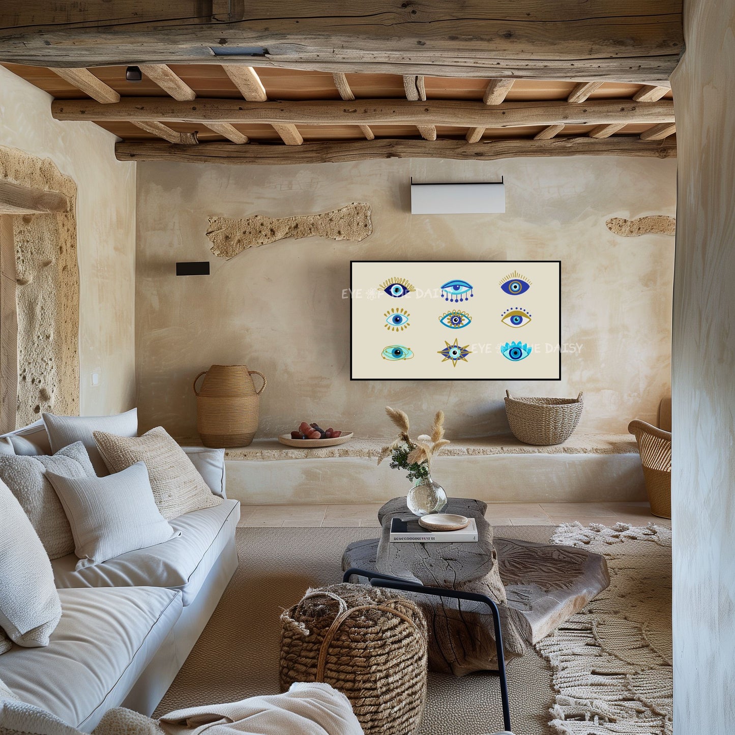 Blue Turquoise Gold Abstract Evil Eye 4K TV Art | Mediterranean Boho 4K TV Art