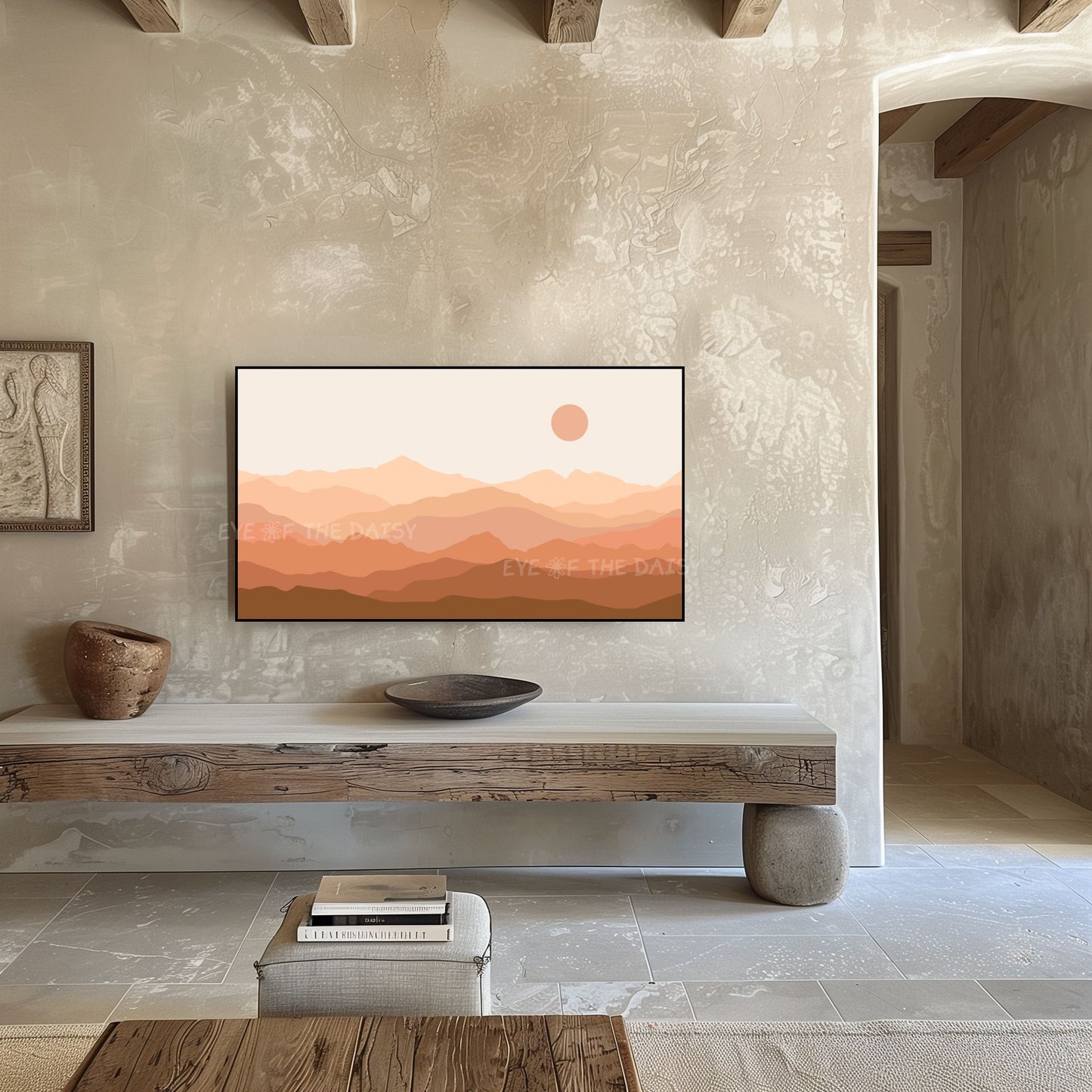 Serene neutral mountain landscape Frame TV art with layered hills and warm beige tones for modern TV wall display