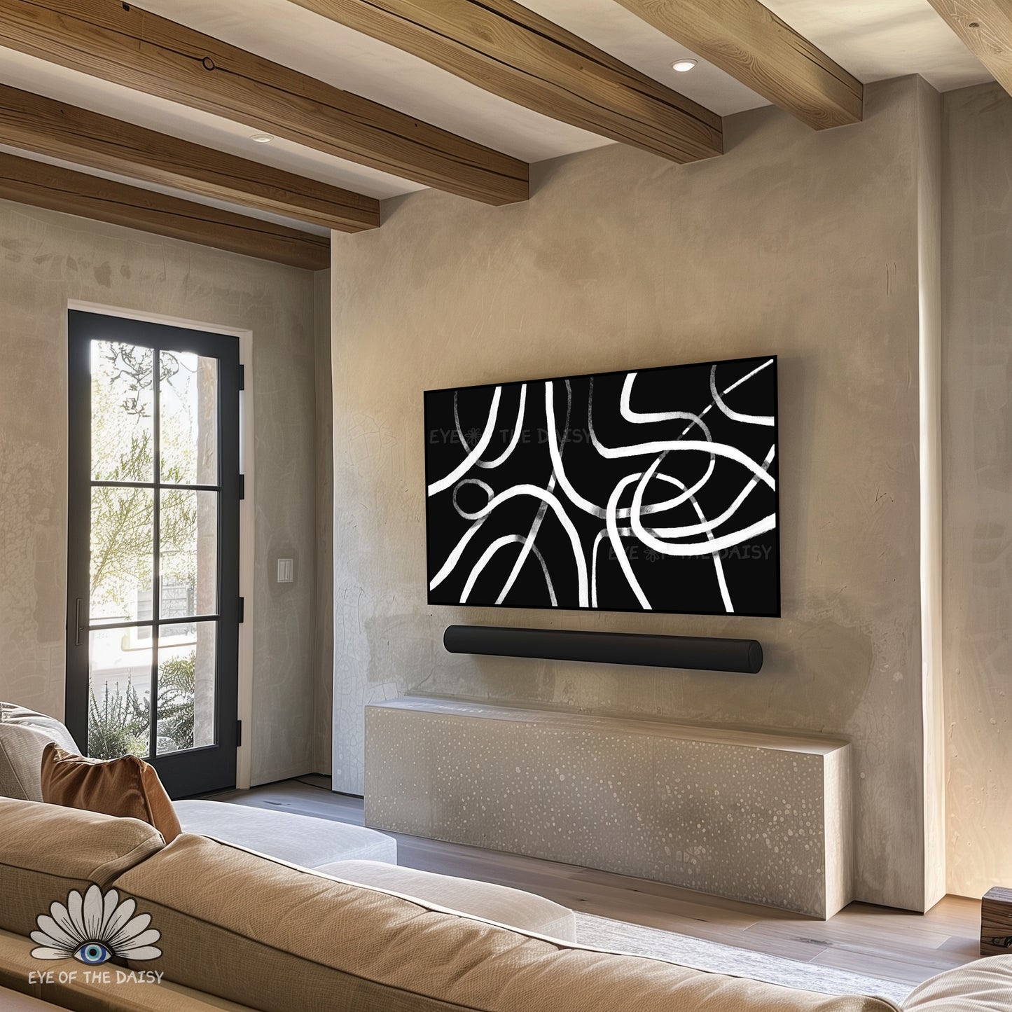 Wabi sabi black and white scribble abstract 4K TV art, quirky line art for 4K TV screen for maximalist decor