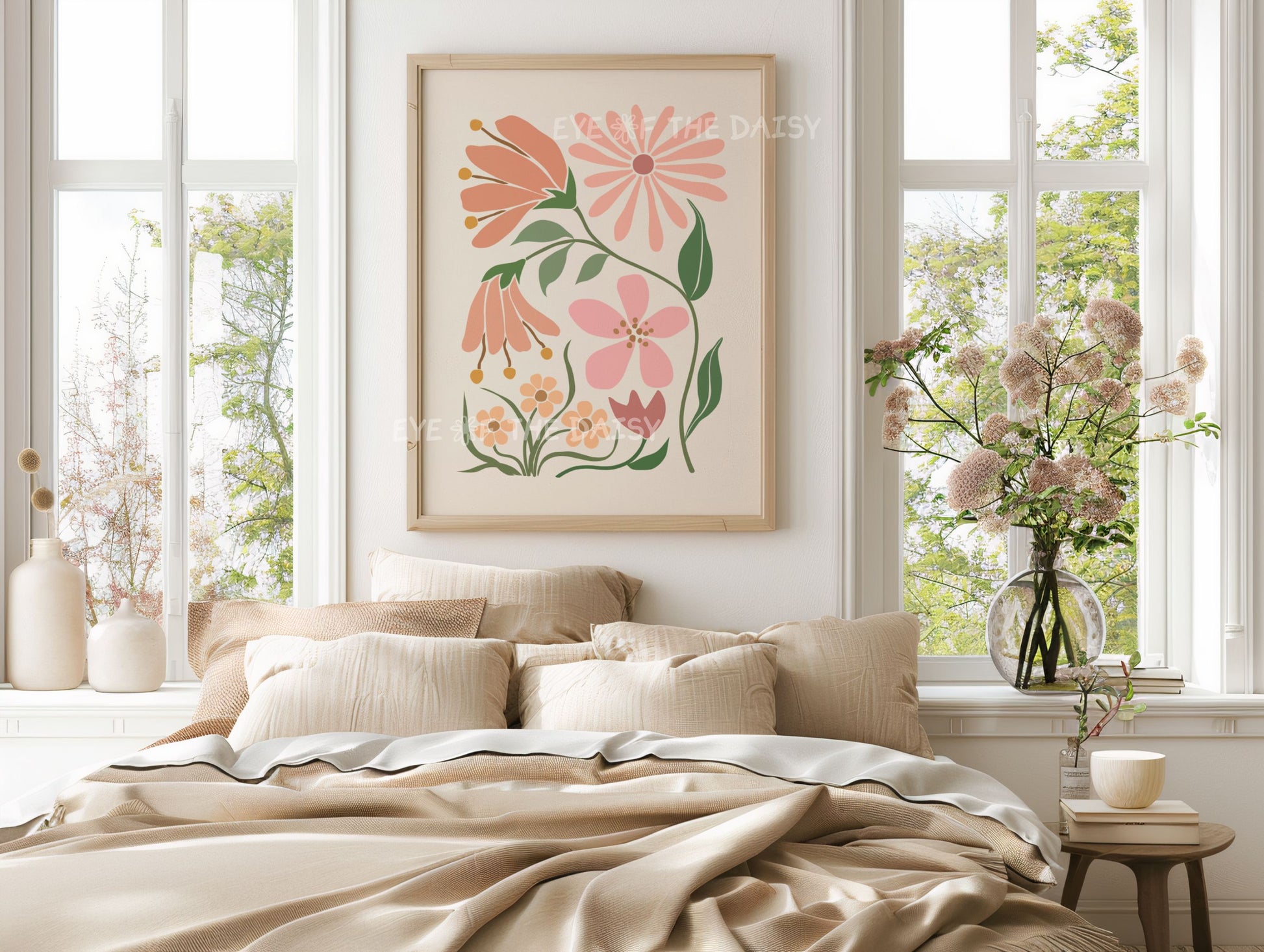 Boho terracotta flower print – earthy botanical wall art in warm neutral tones, perfect digital download for bedroom wall decor