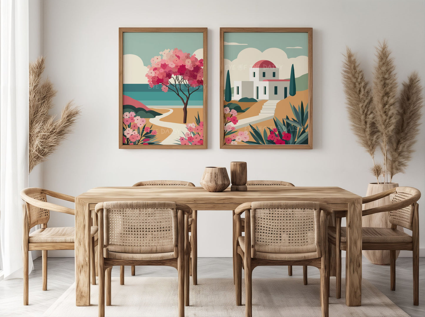 Mediterranean Greek Island poster set with abstract Paros Cycladic houses, bougainvillea and coastal scenery in teal, pink, mustard