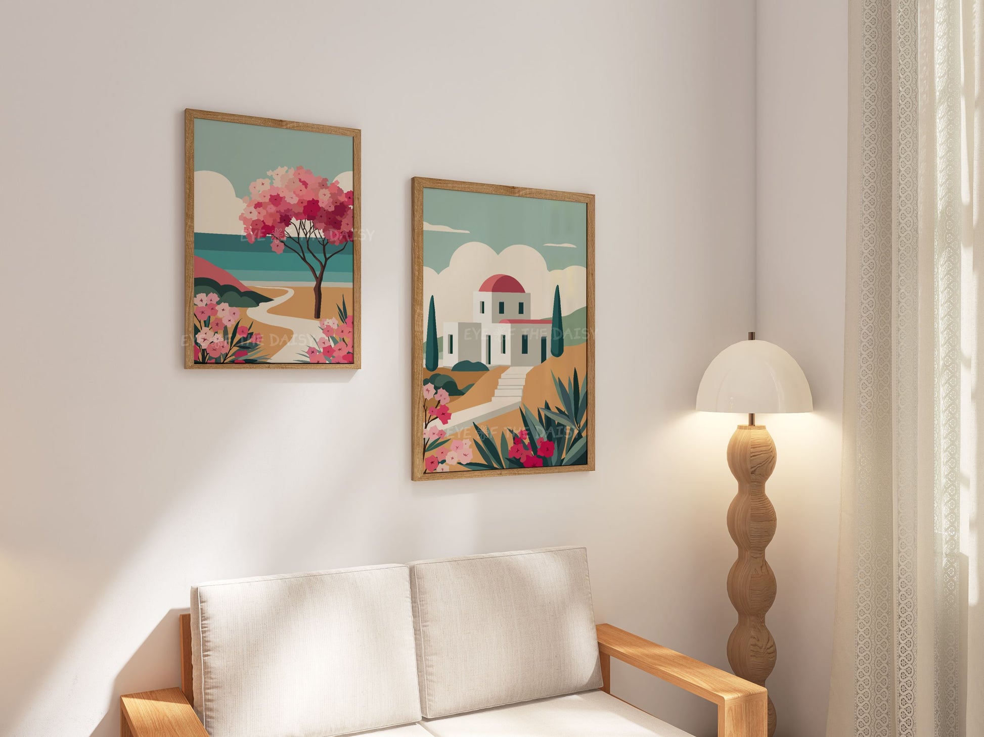 Abstract Greek landscape downloadable wall art – minimal Paros illustrations with coastal scene and bougainvillea flowers