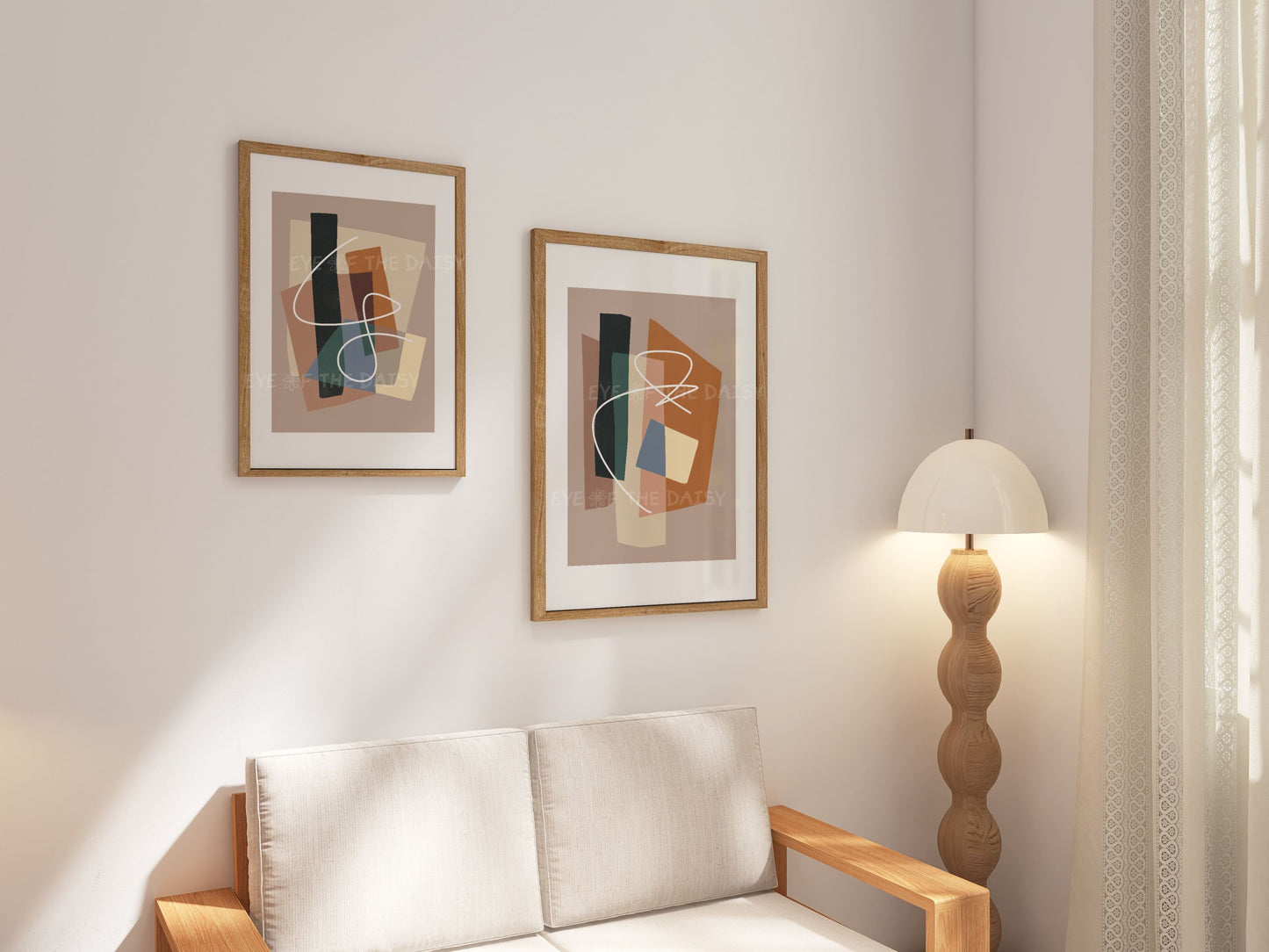 Set of two modern abstract posters in warm neutral tones, printable minimalist wall decor for a modern living room