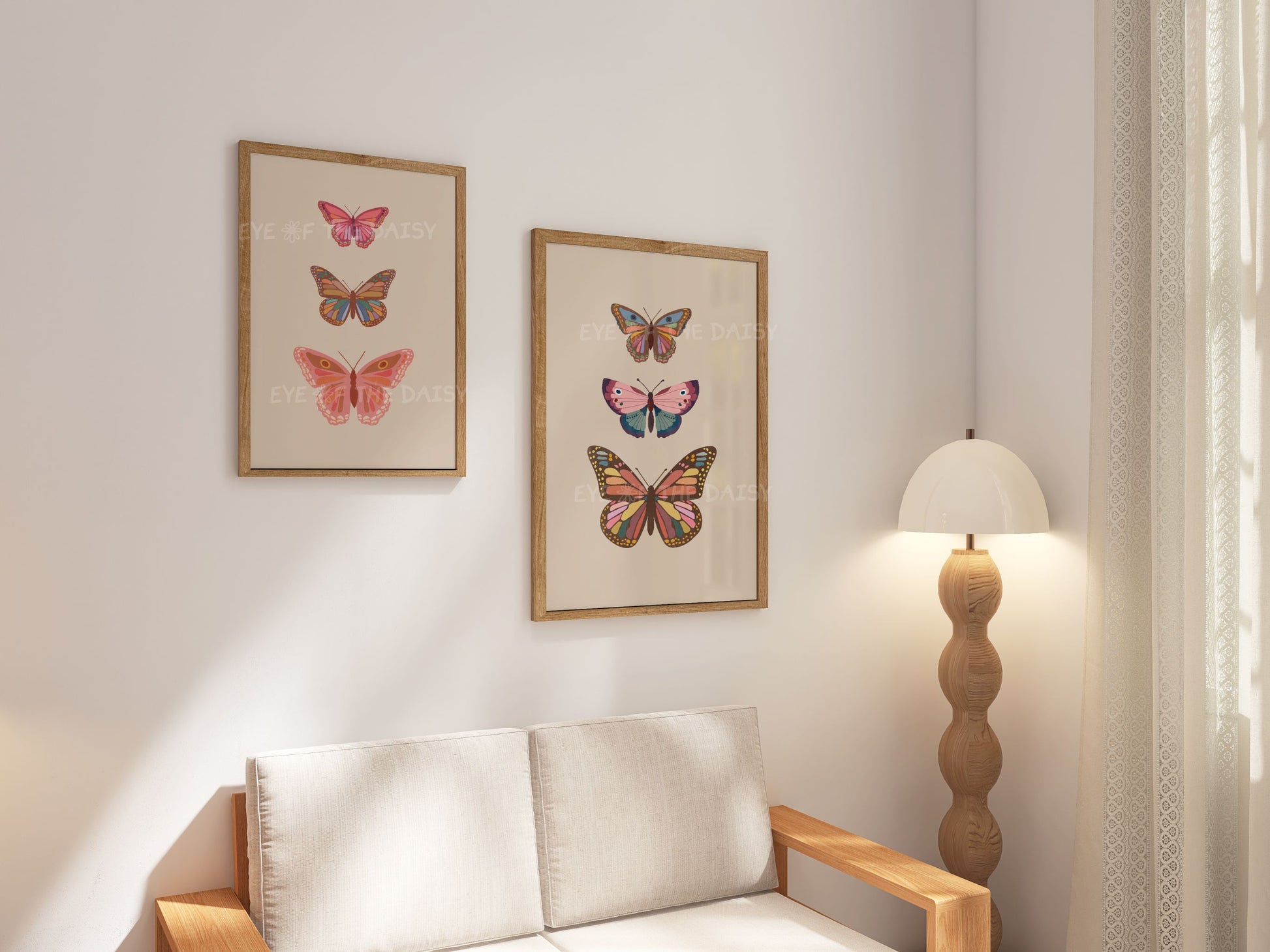 Two piece bohemian butterfly digital prints displayed on the wall of a modern living room, great for cozy reading nook