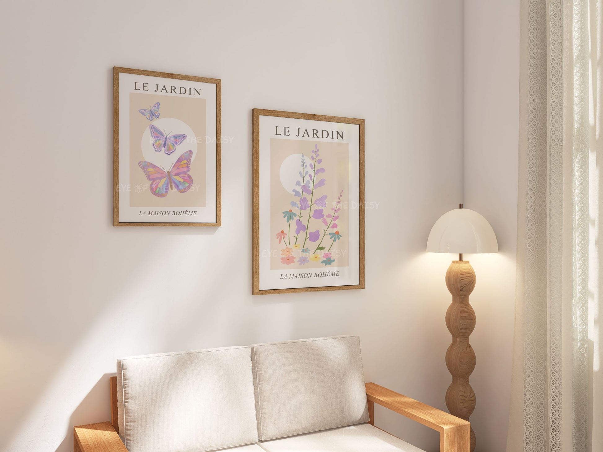 Le Jardin floral and butterfly digital print set — minimalist pastel pink and lilac wall art for sophisticated boho cozy corner or rental decor