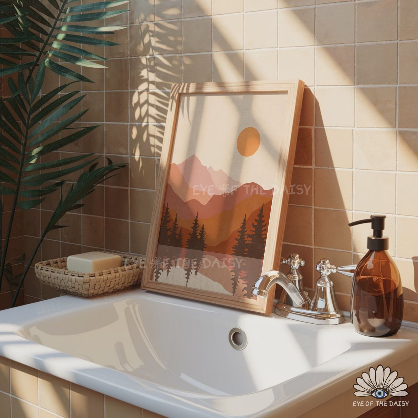 Warm tone lake scenery poster, boho mountains downloadable bathroom wall art