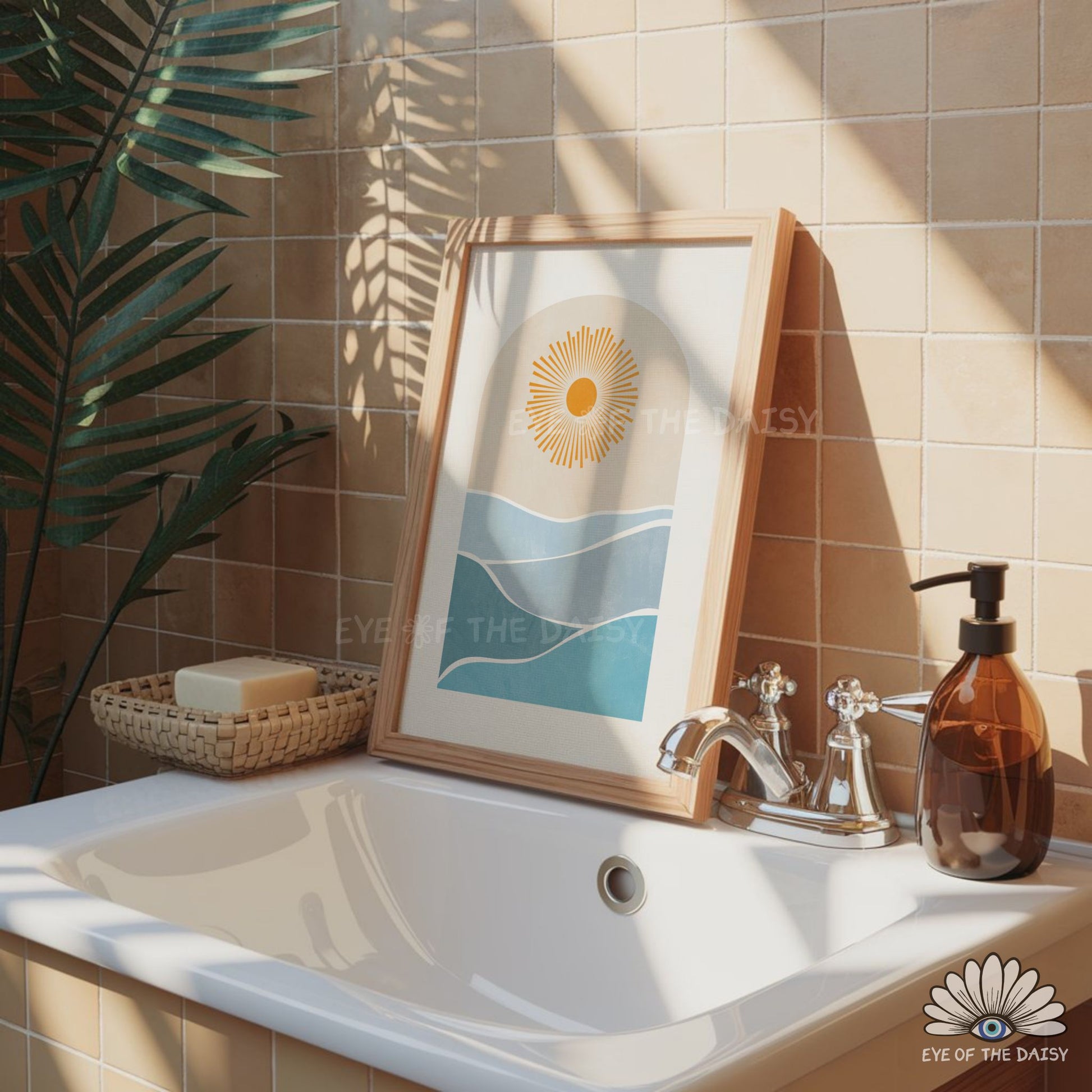 Minimalist sea scene bathroom art print, boho ocean printable wall art