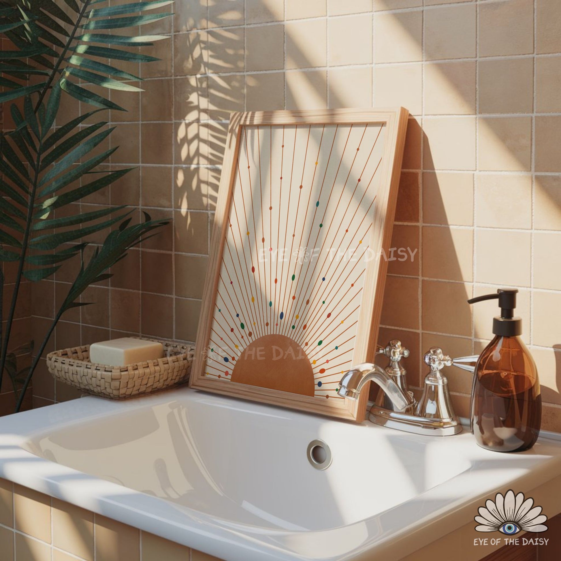 Minimalist sun print in terracotta earth tones, boho wall art print for the bathroom
