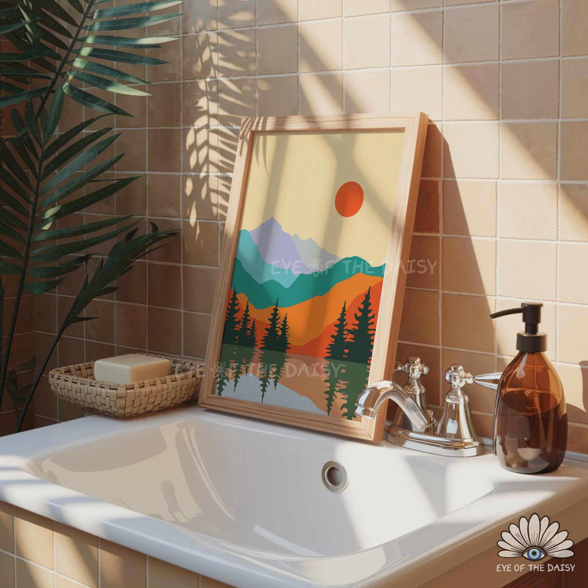 Vibrant lake mountains print, boho scenery printable wall art for the bathroom