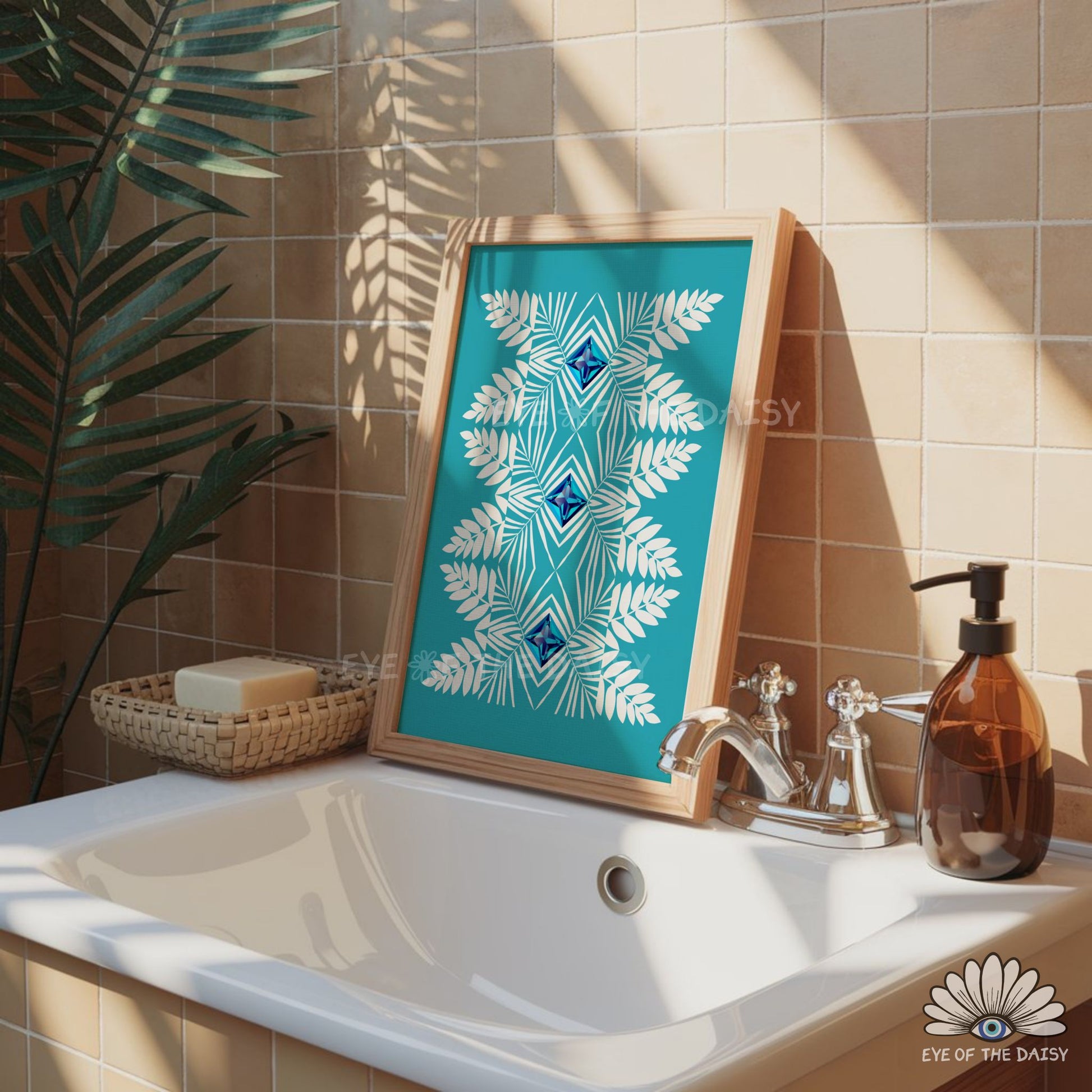 tribal inspired blue botanical illustration printable, vibrant abstract wall art for eclectic bathroom decor