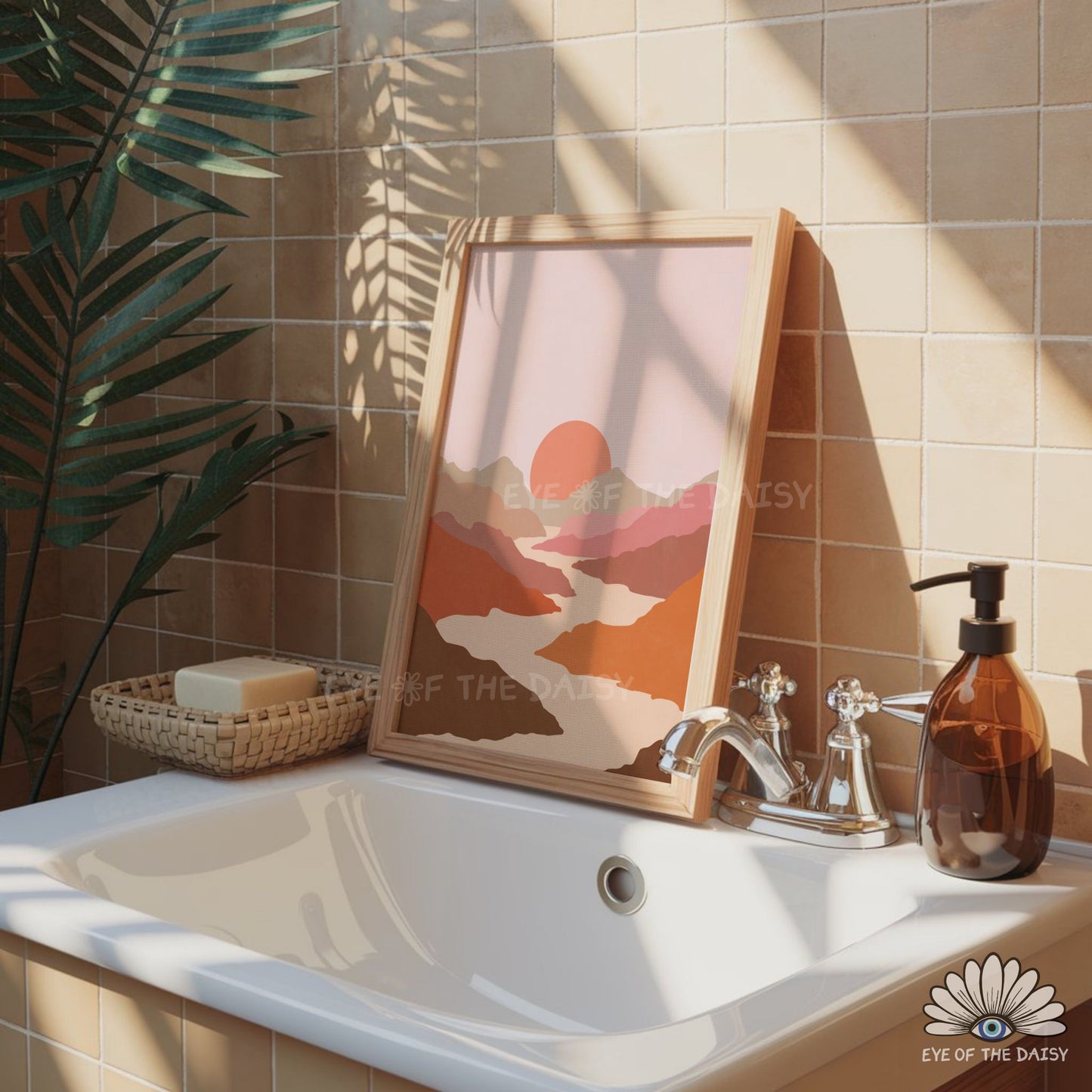 Mid century modern river scenery nature print, boho bathroom printable wall are in terracotta and warm tones