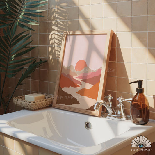 Mid century modern river scenery nature print, boho bathroom printable wall are in terracotta and warm tones