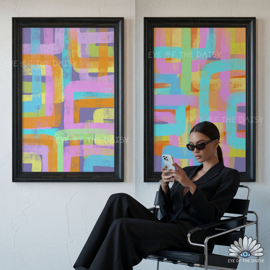 Colourful abstract wall art set with bright colours, modern maximalist living room printable decor