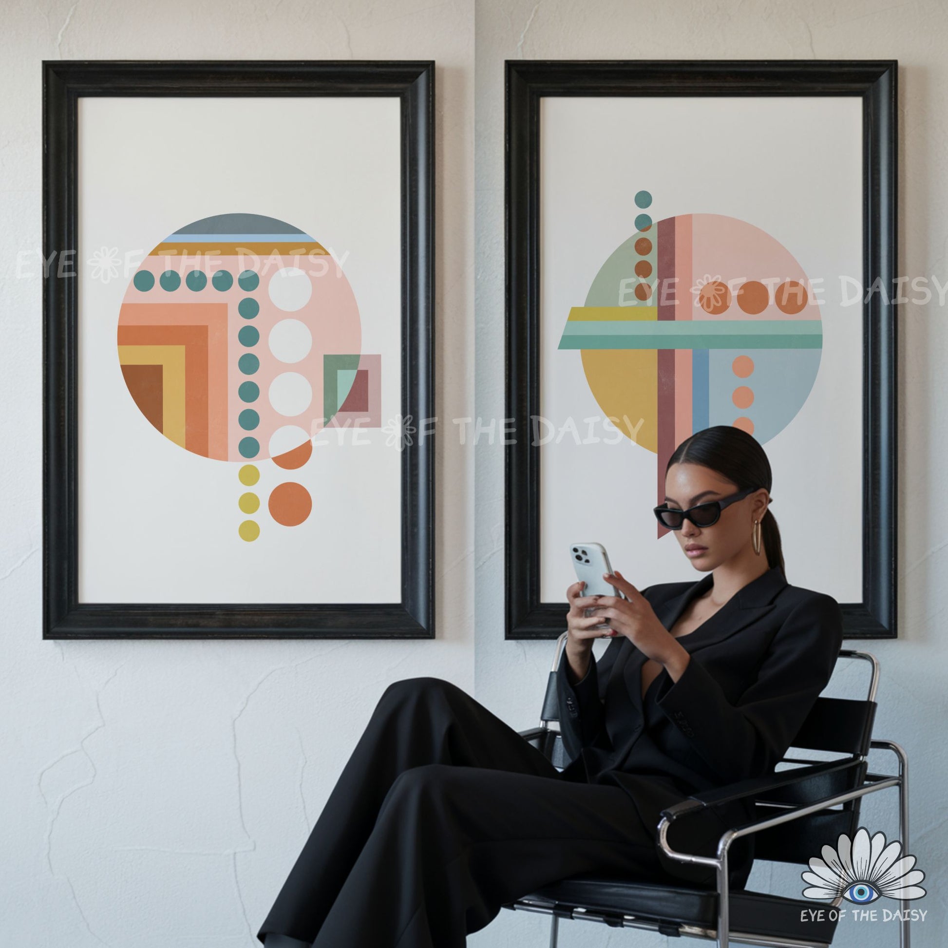 Modern geometric triptych wall art, warm muted printable art set