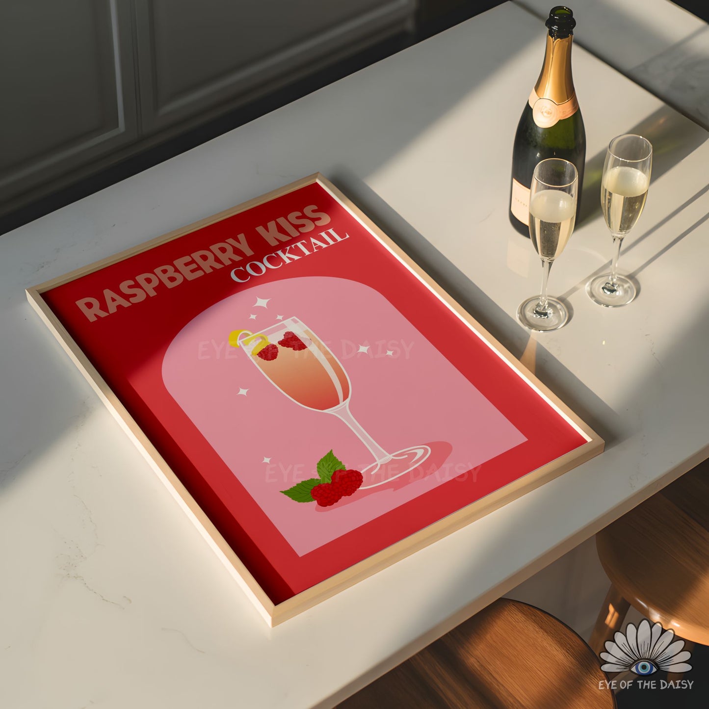 Pink raspberry prosecco cocktail printable poster, girly and pretty drink print for Valentine’s Day decor