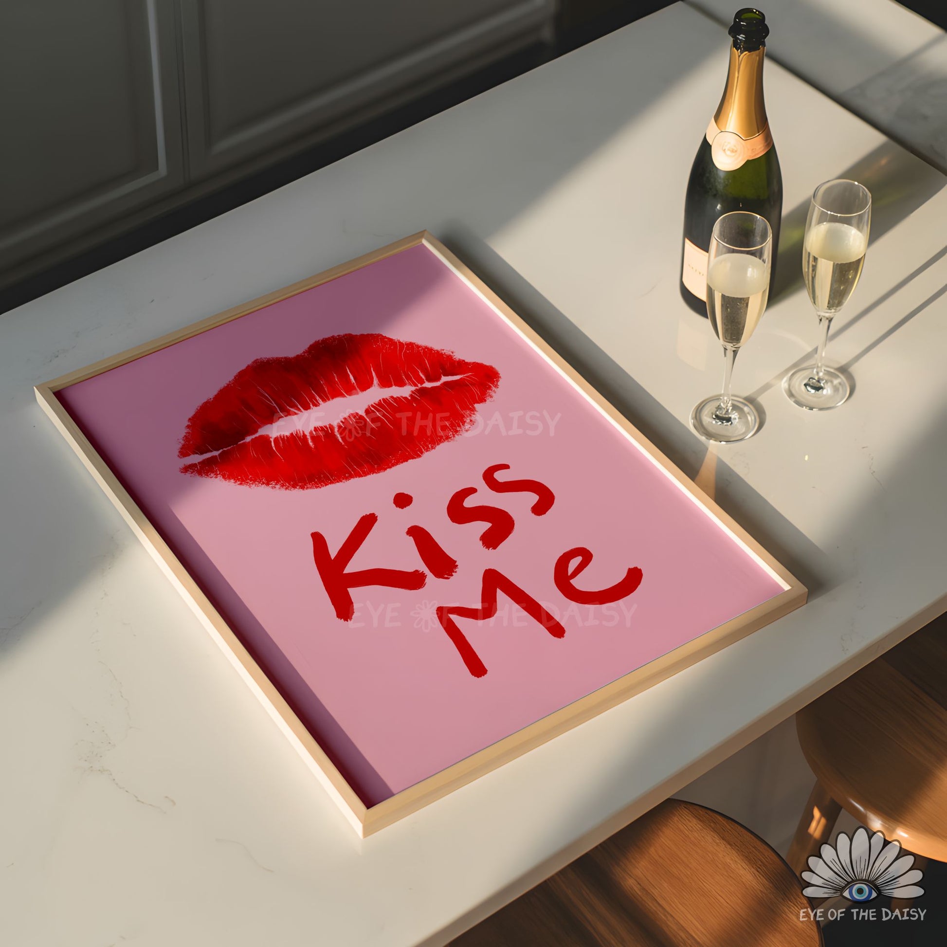 Hand drawn red lips Kiss Me poster printable wall art, funky, retro and Y2K inspired for bedrooms, dorms or living rooms