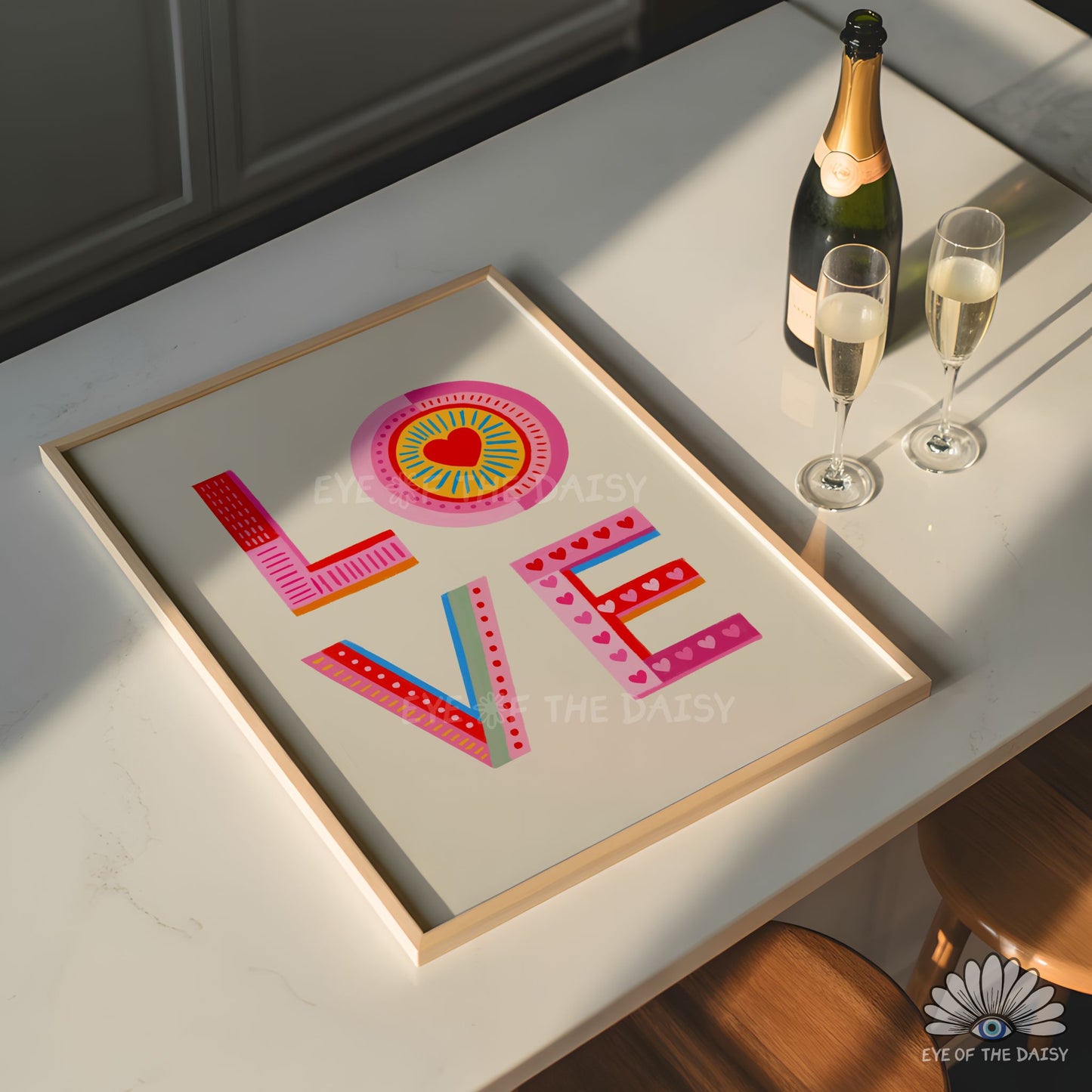 Vibrant patterned LOVE poster digital download, trendy and playful print instant download for contemporary spaces