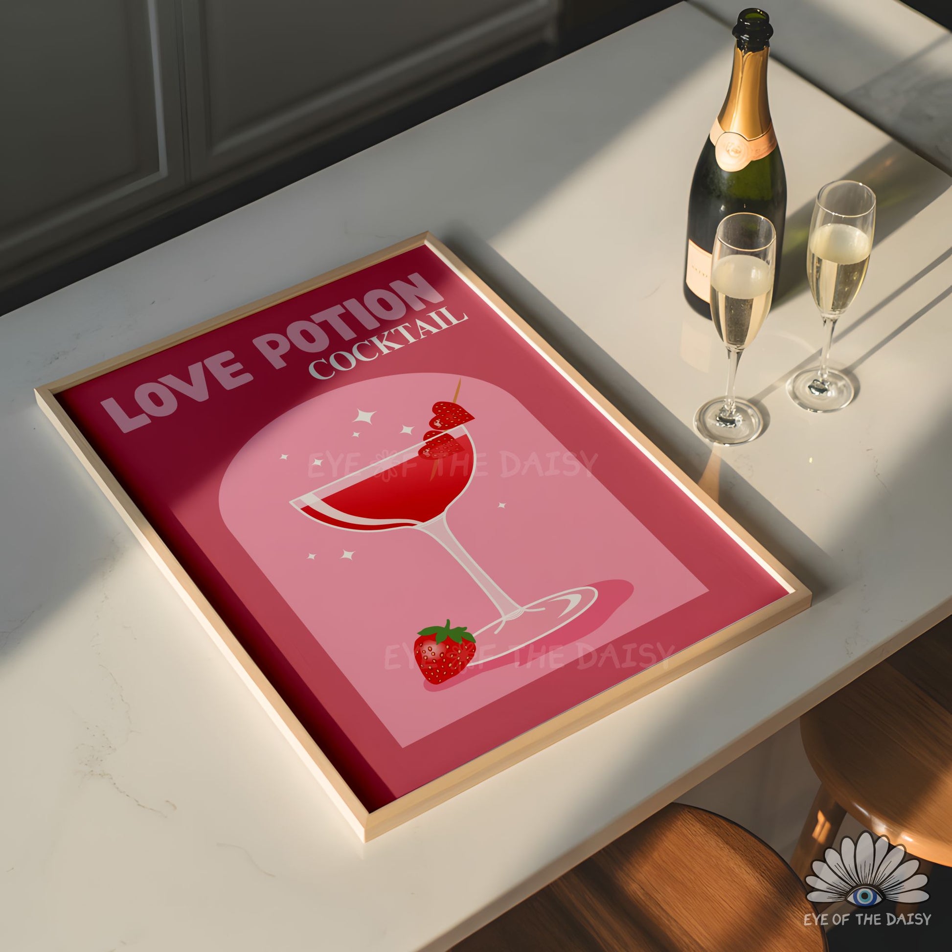 Pink and red Love Potion cocktail printable poster, girly and pretty drink print for Galentine’s Day decor