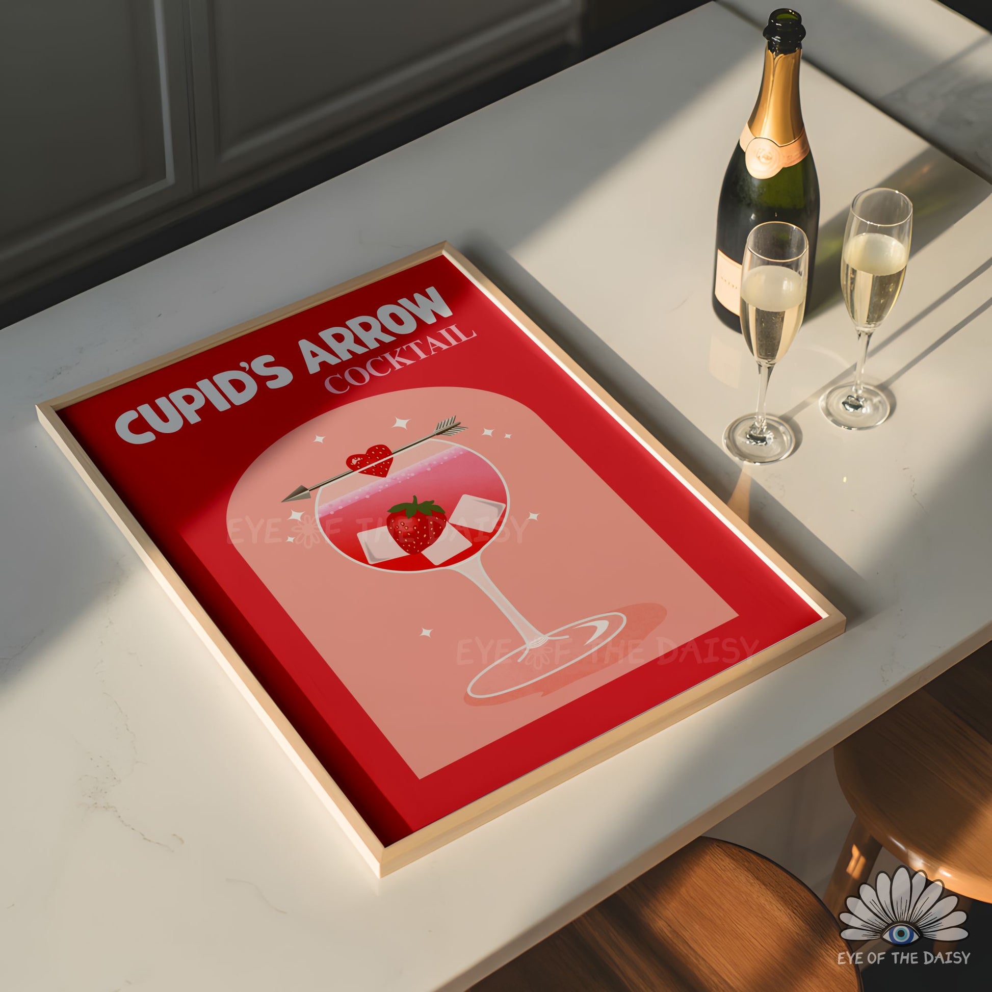Valentine’s Day cocktail art print instant download, Cupid’s Arrow drink poster in bold red and pink