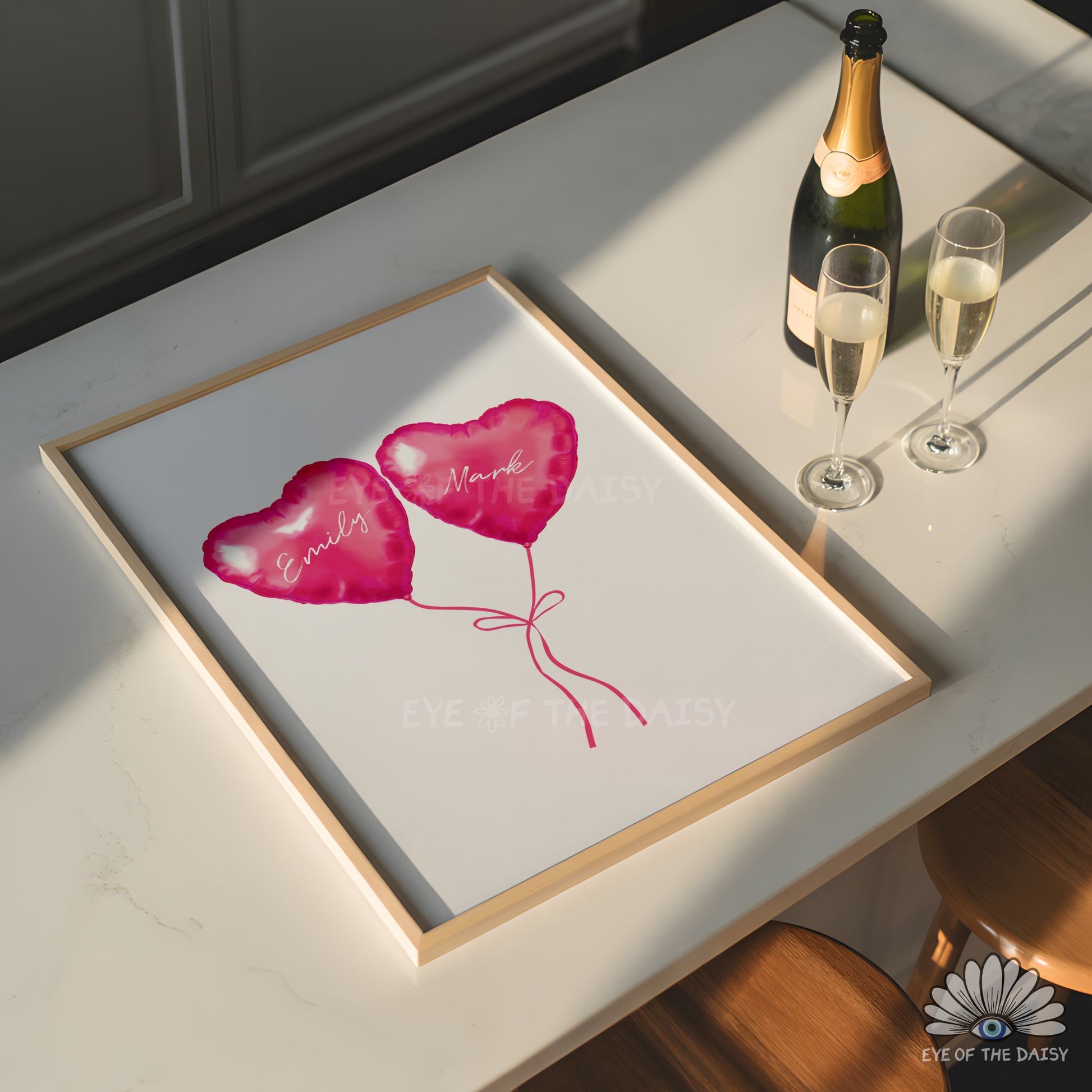 Hand drawn pink heart balloons printable wall art, romantic, modern and fun custom couples poster