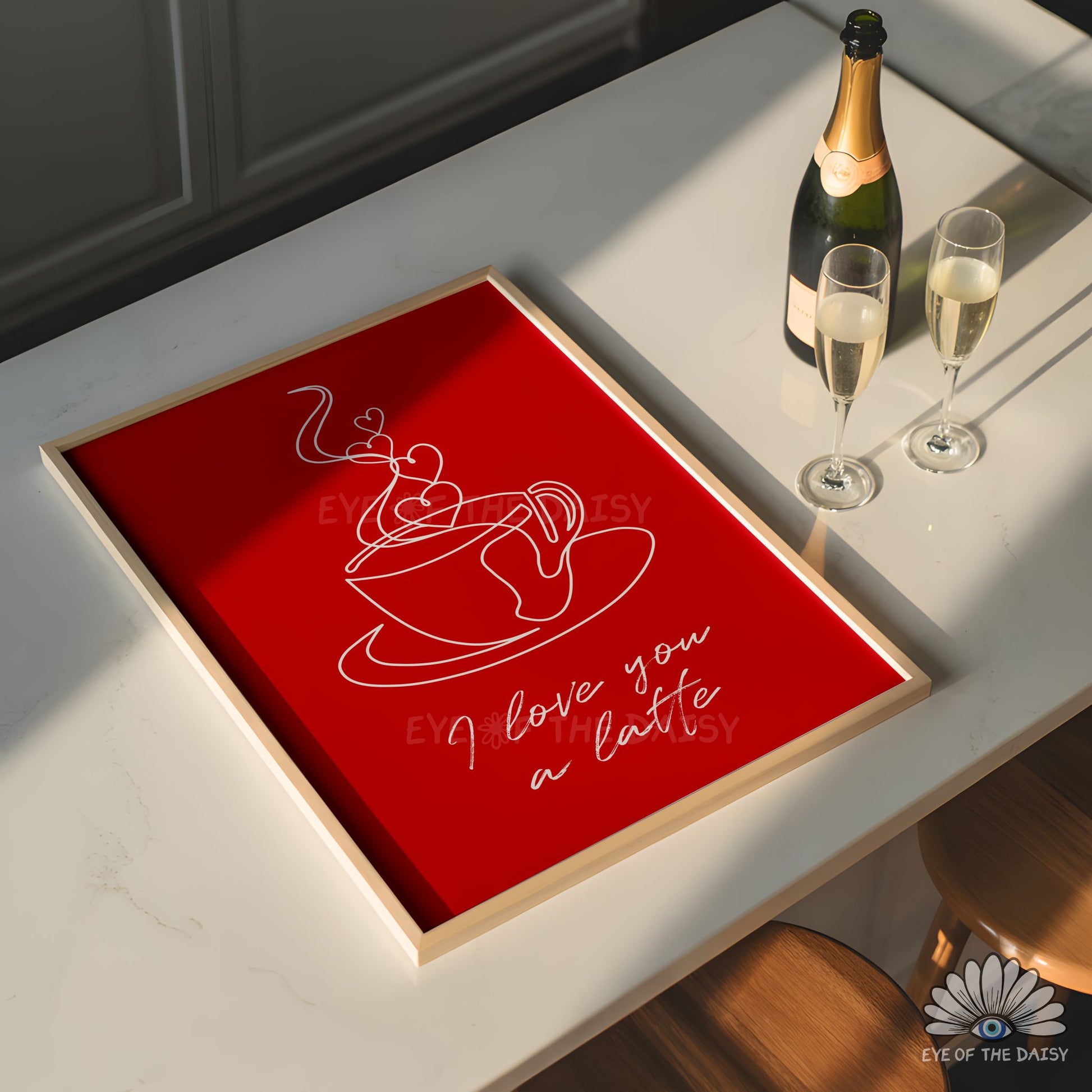 “I Love You a Latte” printable poster, vibrant red coffee bar wall art adding positive vibes, anniversary gift for coffee lovers