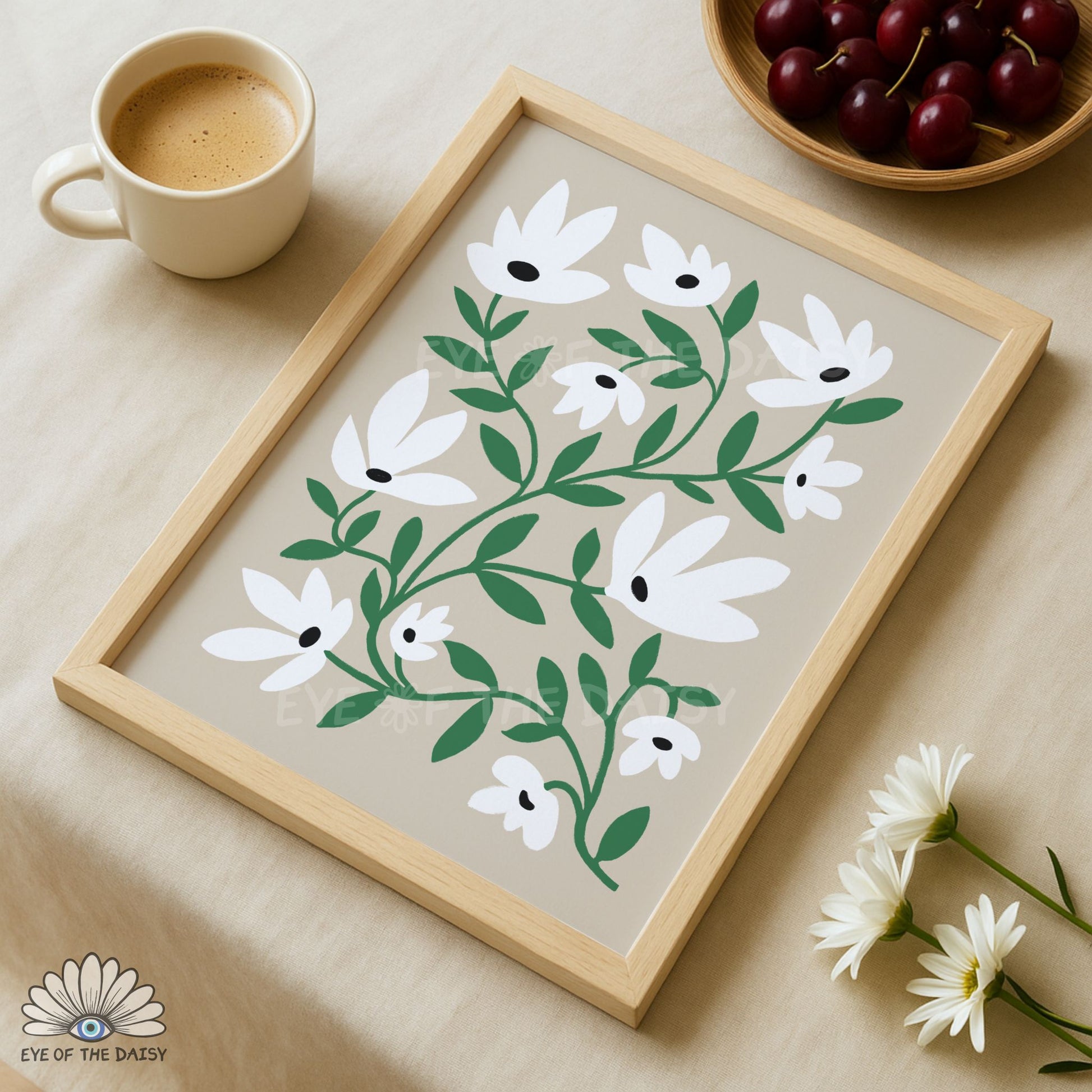 Minimal white and green floral wall art, modern Scandi-inspired printable wall art for home office