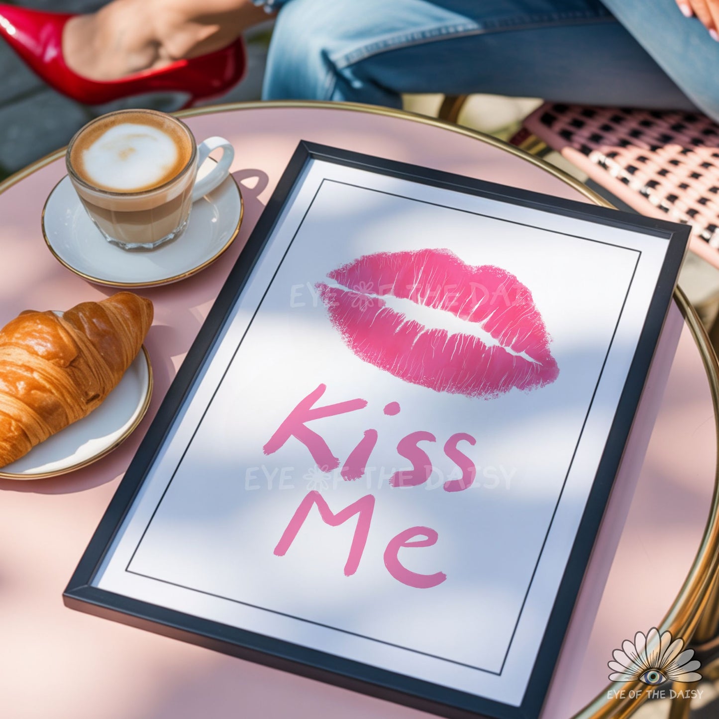 Kiss Me lipstick lips print digital download, colorful, trendy and eclectic hand drawn poster for Valentine’s Day