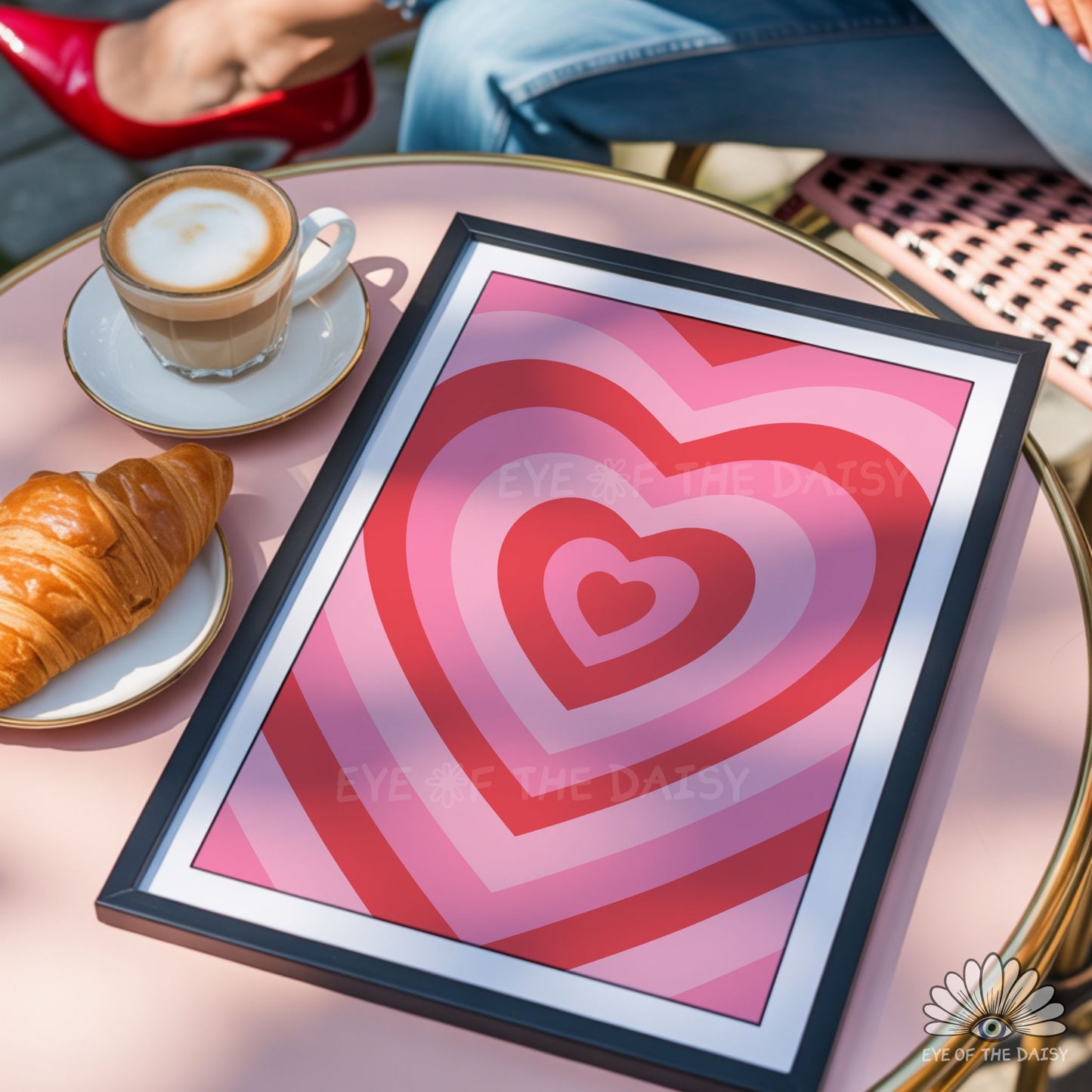 Red and pink retro heart print digital download, modern and cute printable wall art for living room or Valentine’s decor