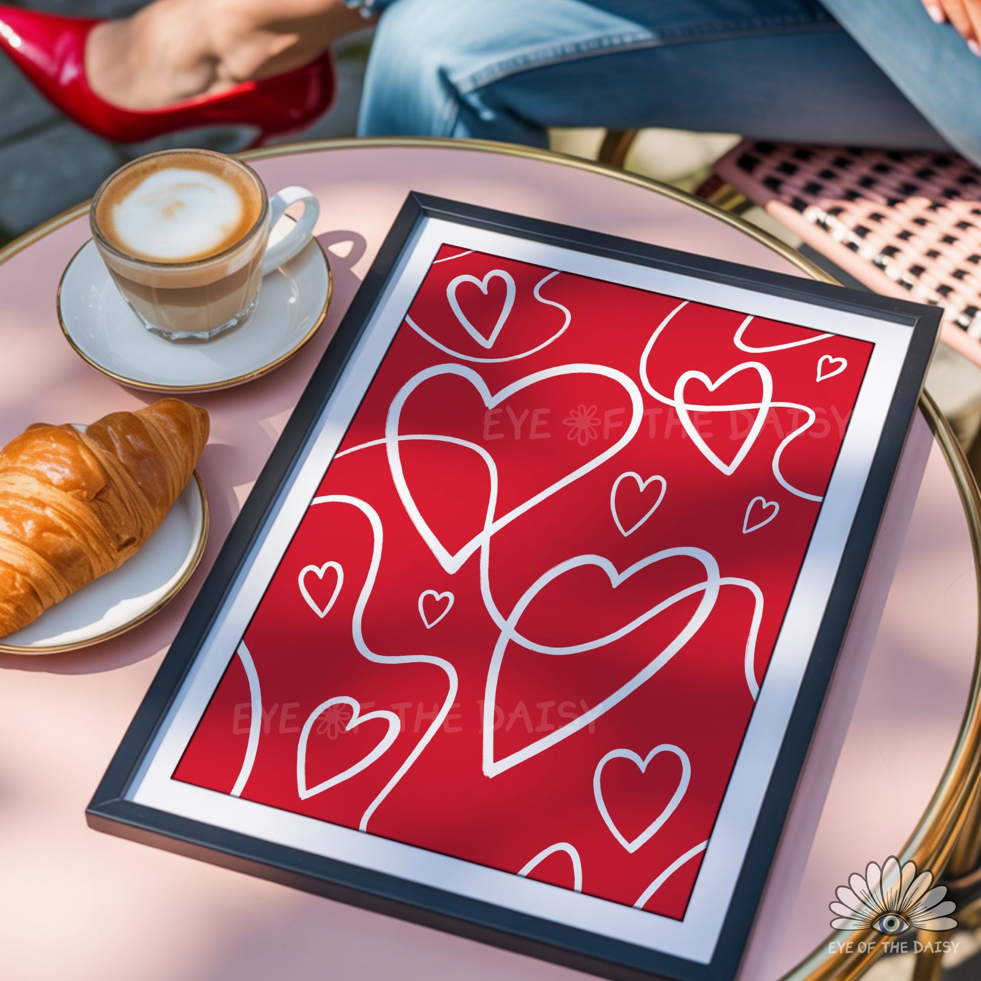 White line art hearts print digital download, vibrant red maximalist, fun poster for living rooms