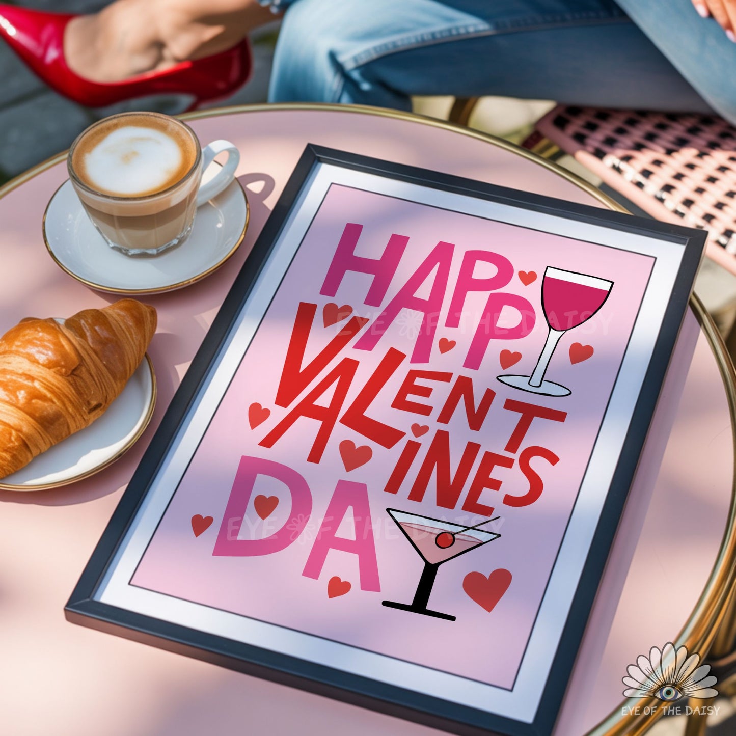 High-resolution Valentine’s Day party art print, martini and wine illustrations with modern typography instant download