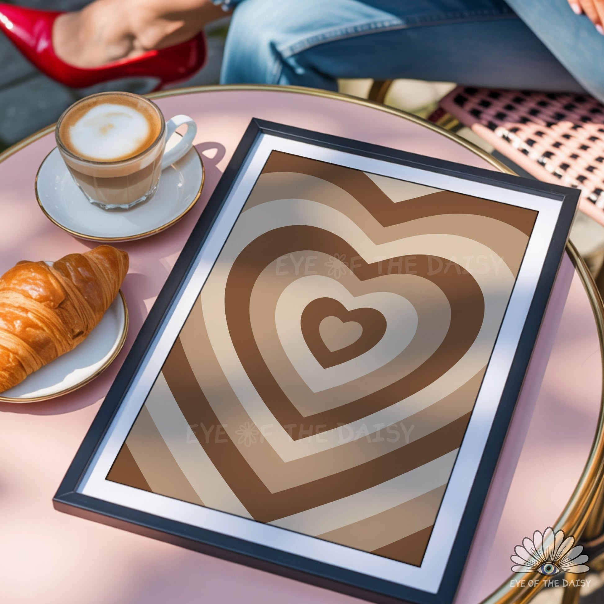High resolution brown retro heart printable wall art, trendy and preppy dopamine decor for dorms or coffee stations