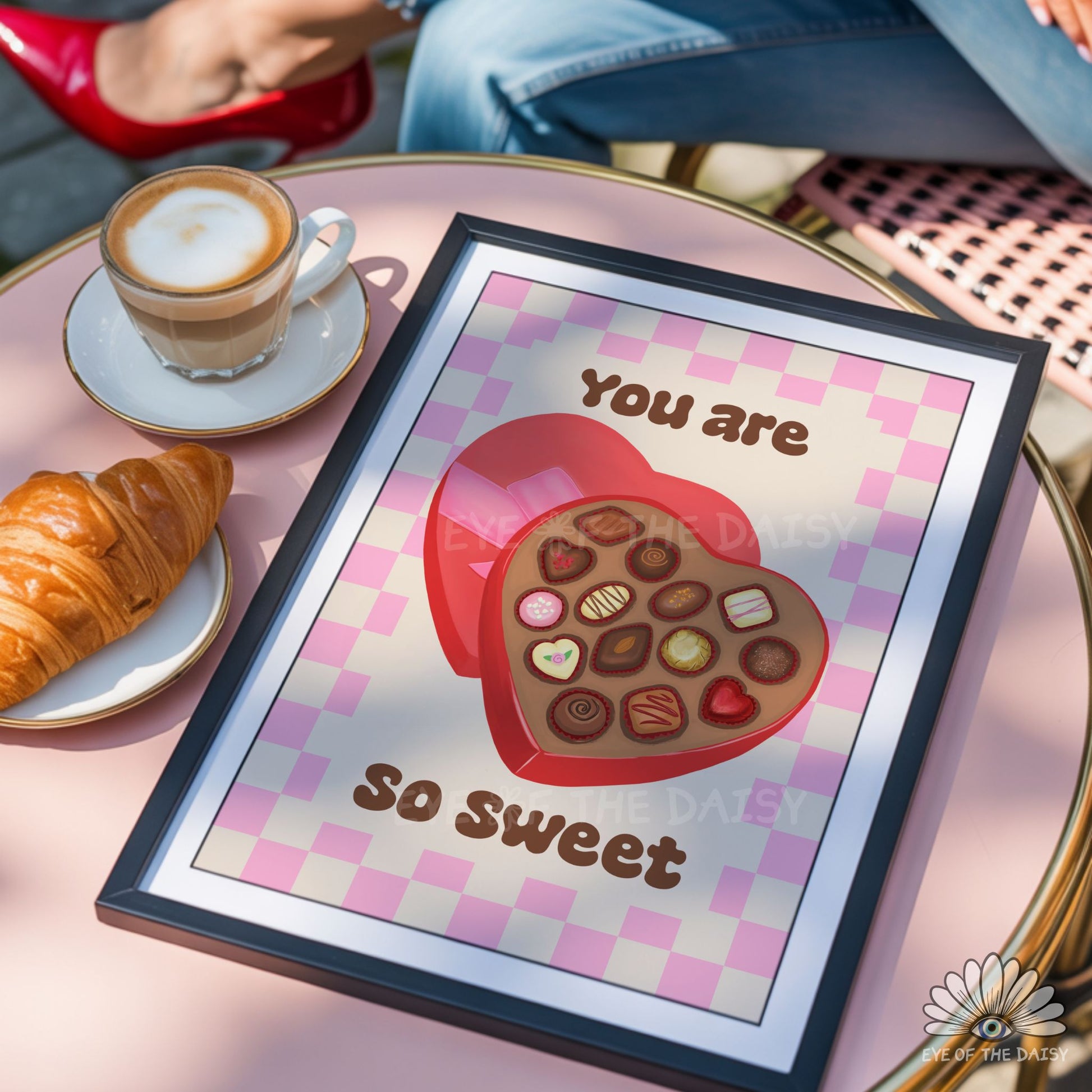 Eclectic dopamine decor digital wall art, heart chocolate box illustration in pink, red, and brown tones