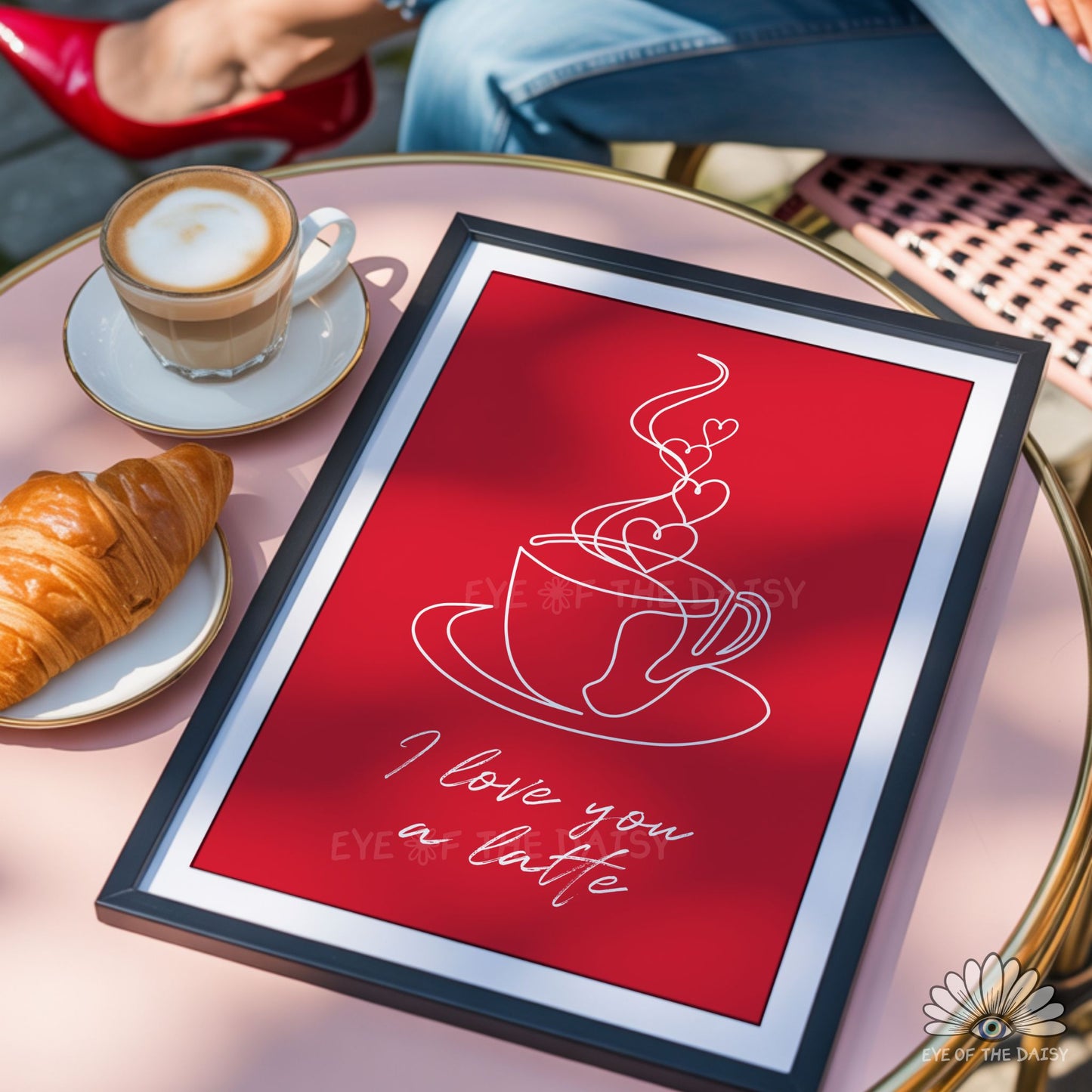 Romantic coffee line art print digital download with hearts, fun coffee poster gift for a coffee lover